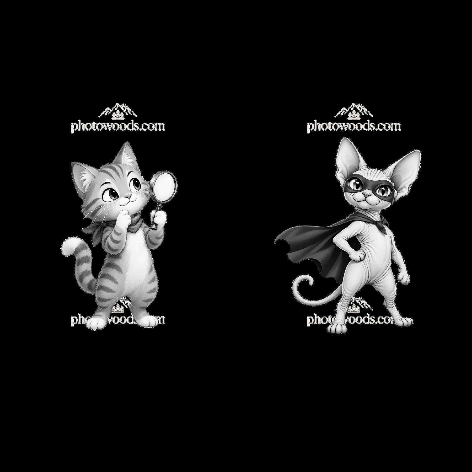 Two cartoon cats with a magnifying glass and a superhero cape - AI-generated stock image