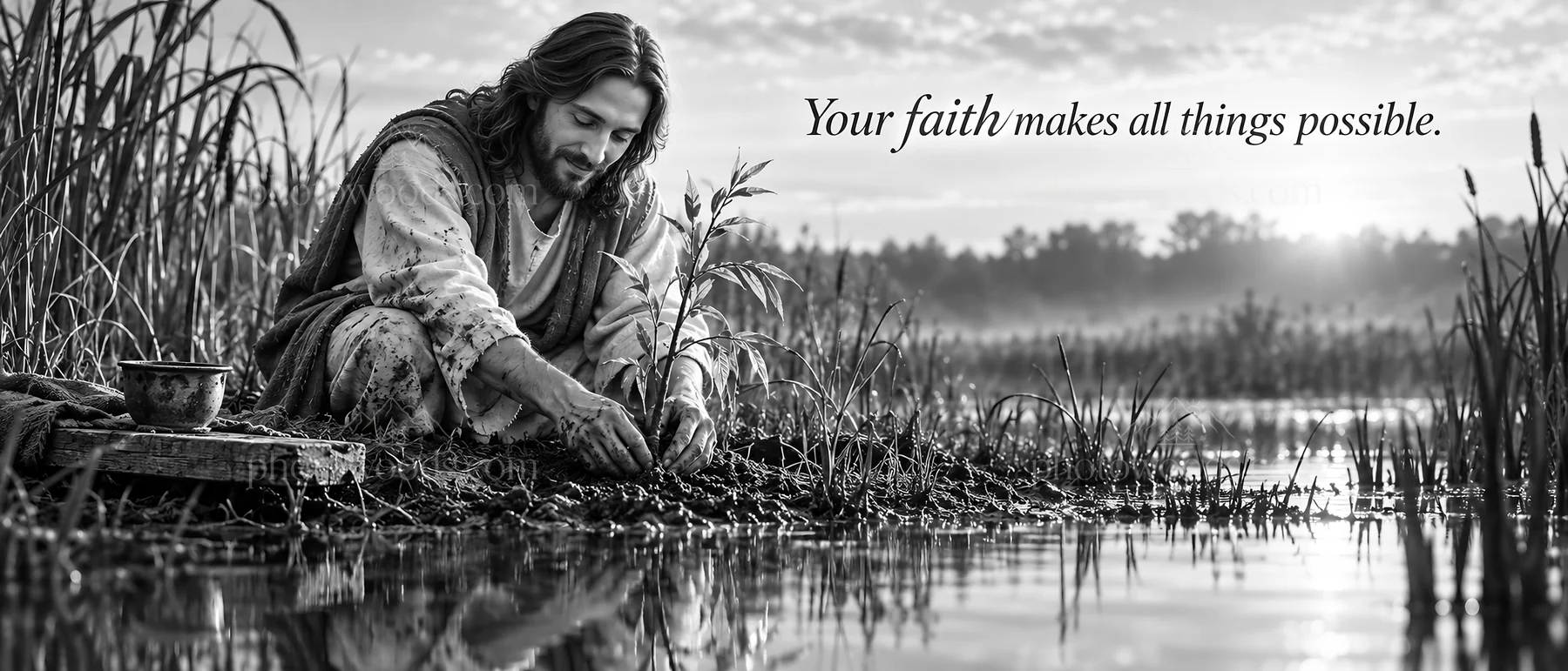 Jesus Christ planting seeds by the water - AI-generated stock image