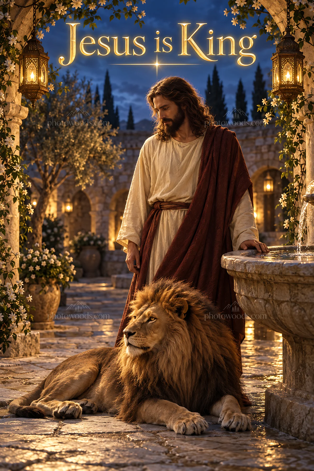 Jesus Christ with a lion in a garden setting - AI-generated stock image