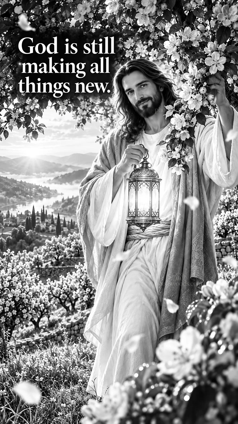Jesus Christ walking in nature with a lantern - AI-generated stock image
