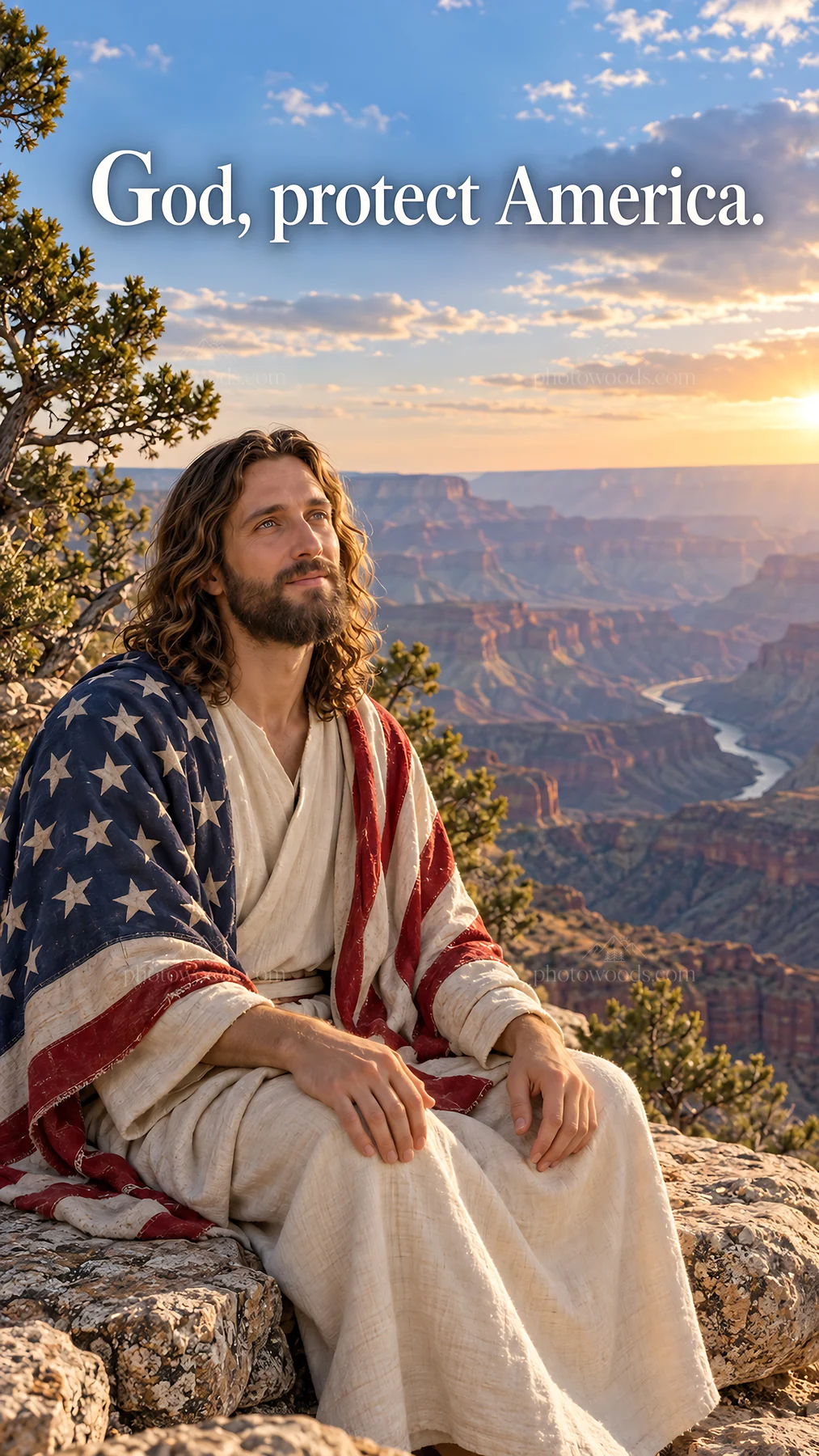 Jesus Christ sitting in prayer with an American flag - AI-generated stock image