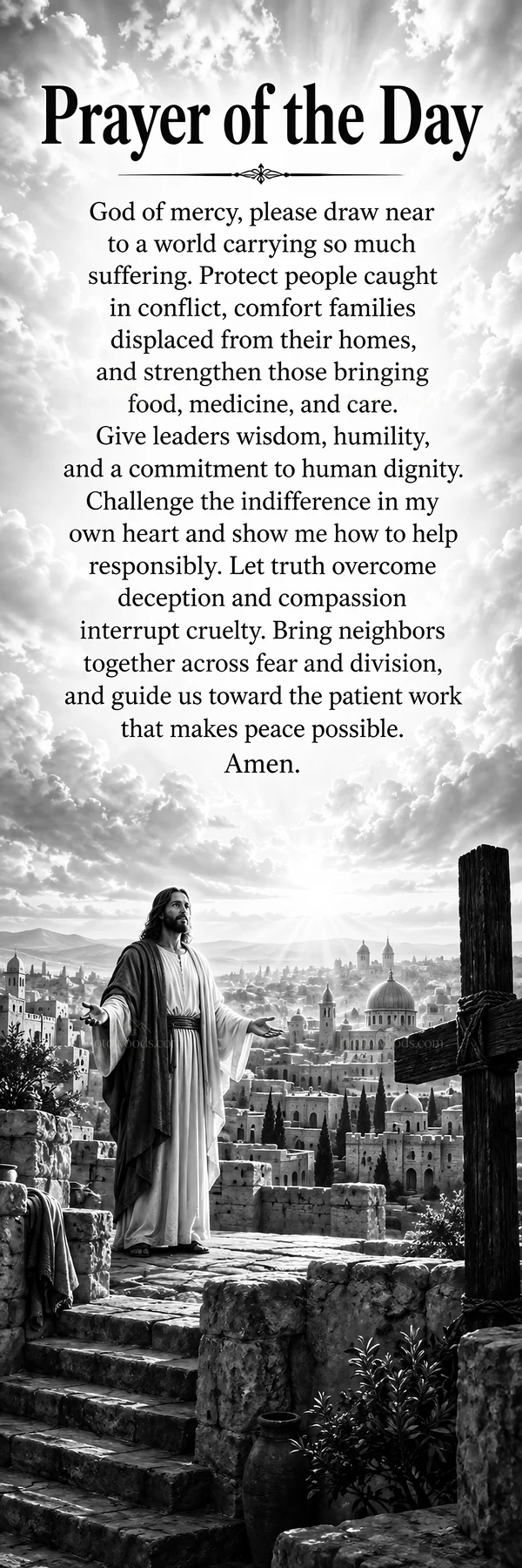 Jesus Christ praying for mercy and guidance in a world of suffering - AI-generated stock image