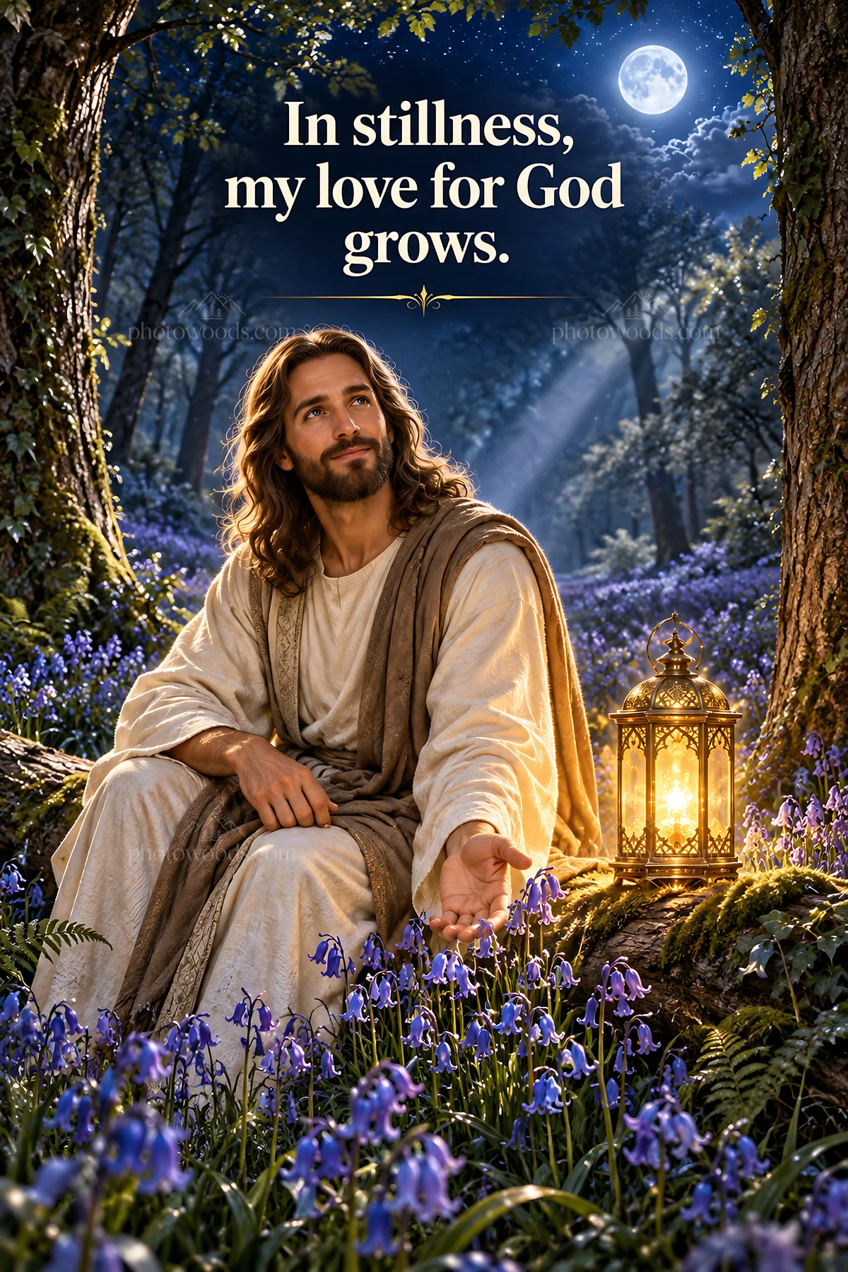Jesus Christ in a garden with love for God - AI-generated stock image