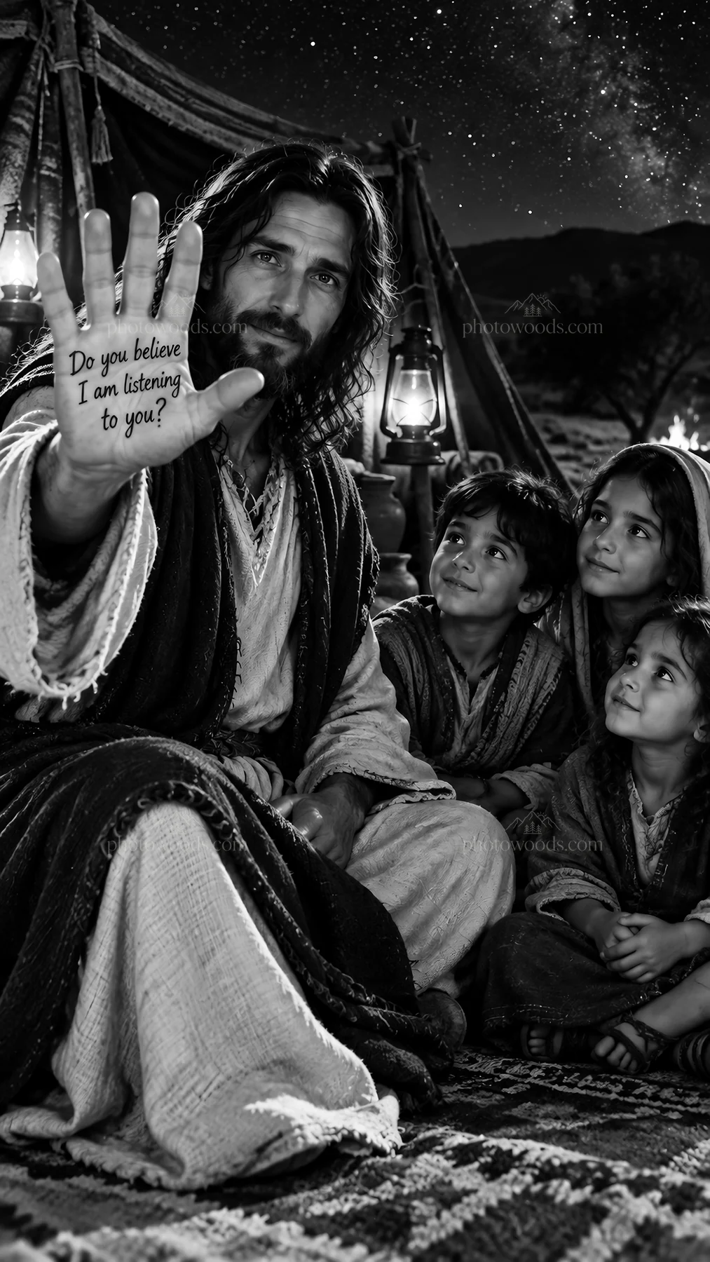 Jesus Christ comforting children and offering guidance - AI-generated stock image
