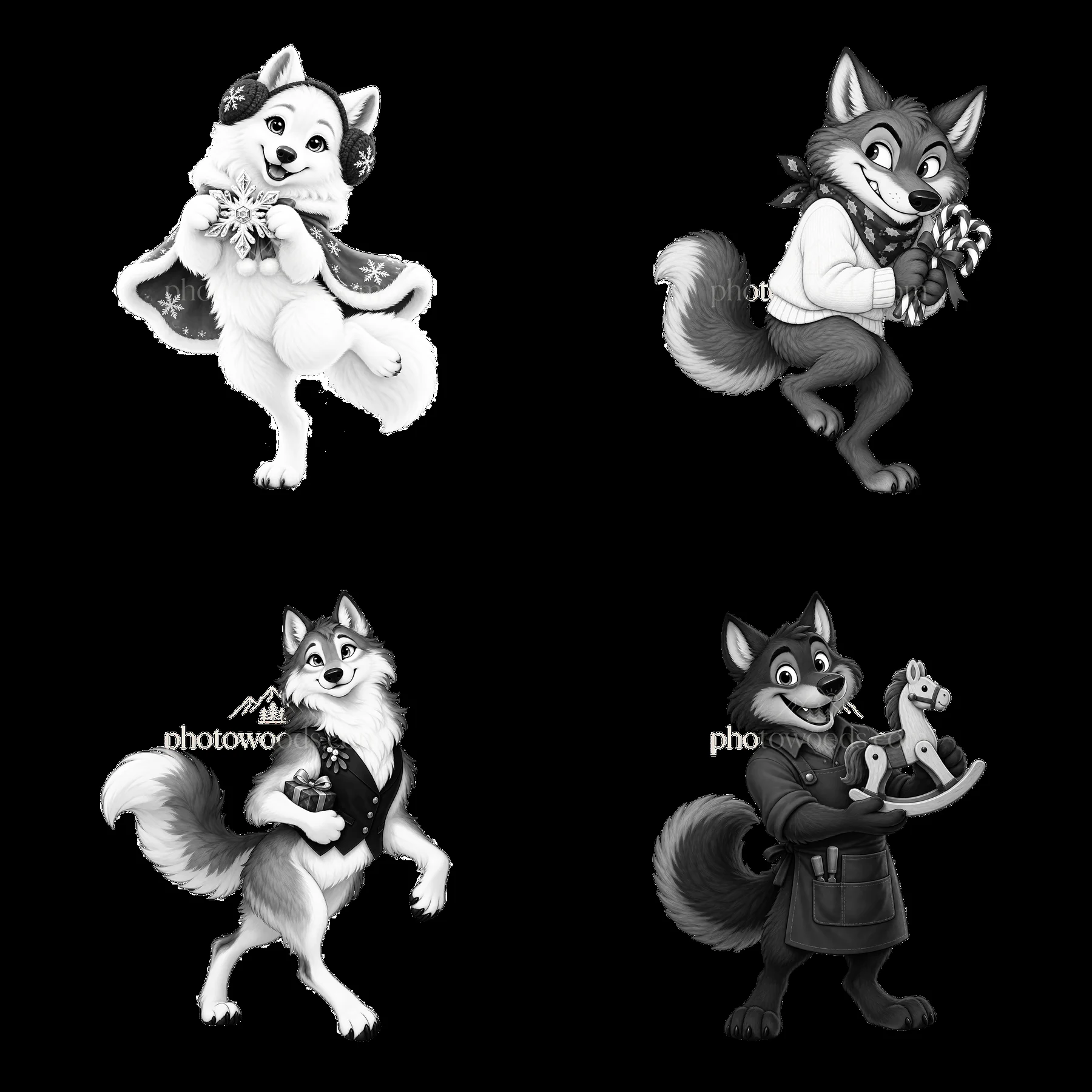 Christmas wolves in festive poses displaying holiday items - AI-generated stock image