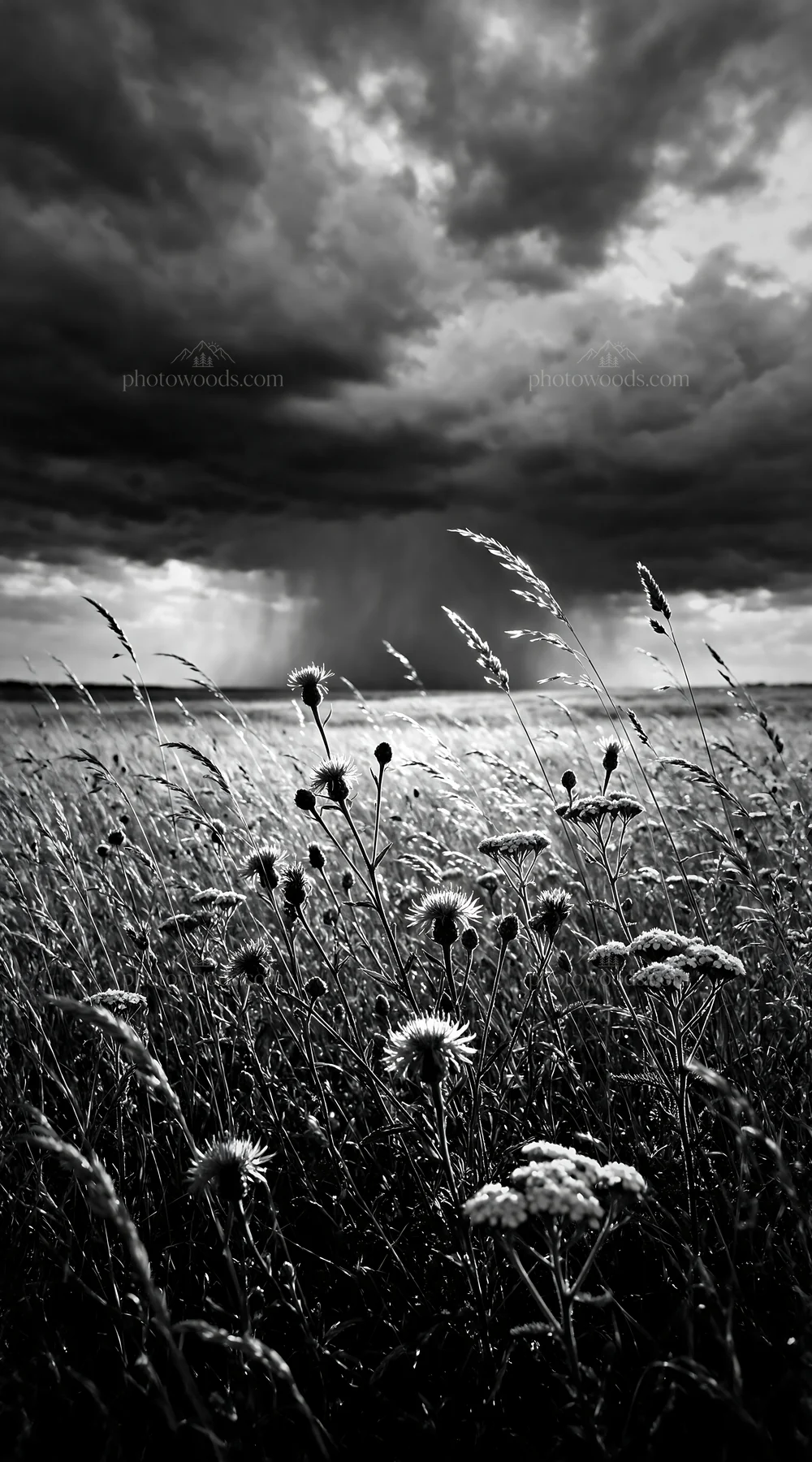 Black and white rewilded meadow with flowers and cloudy sky - AI-generated stock image