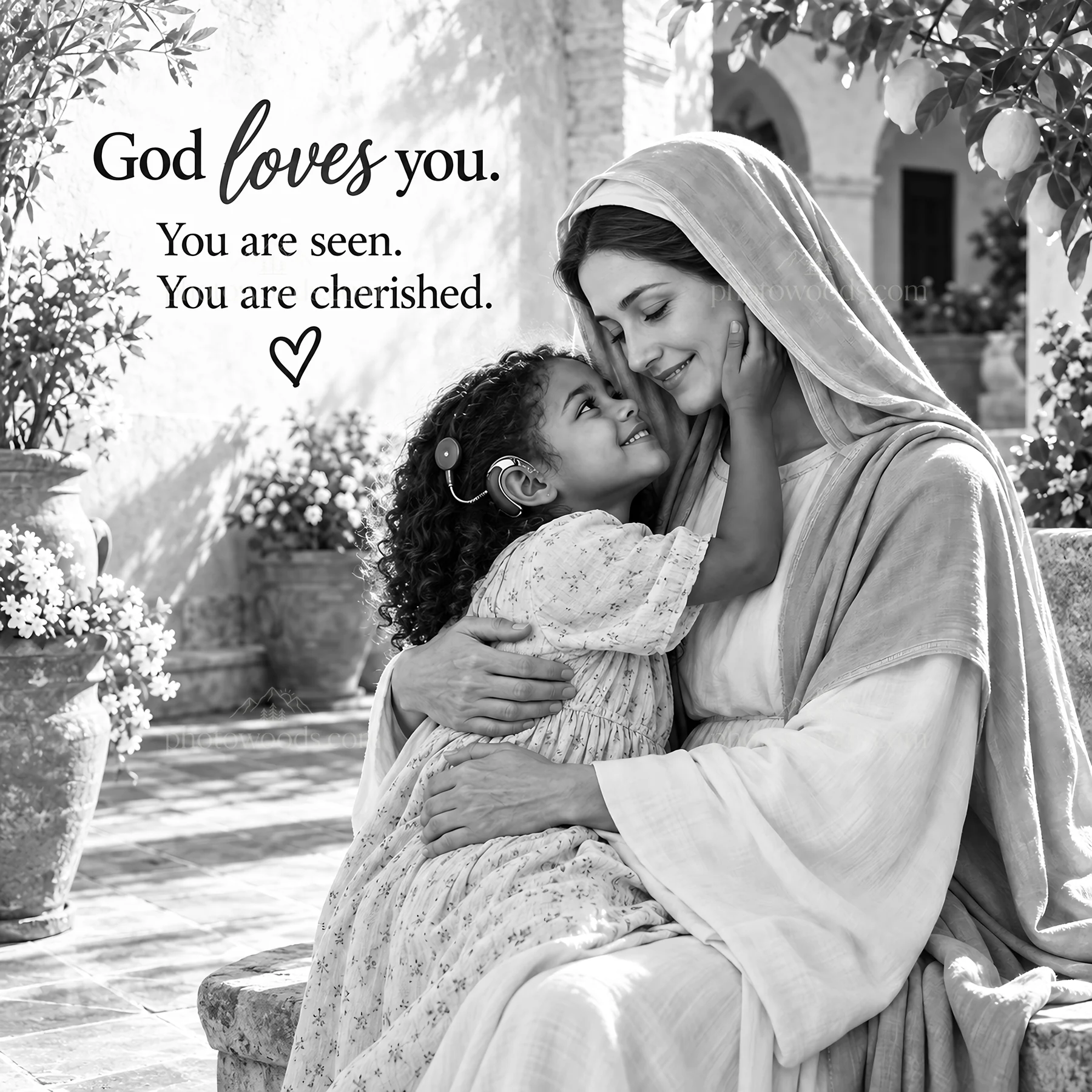 Jesus Christ comforts a child in a loving embrace - AI-generated stock image
