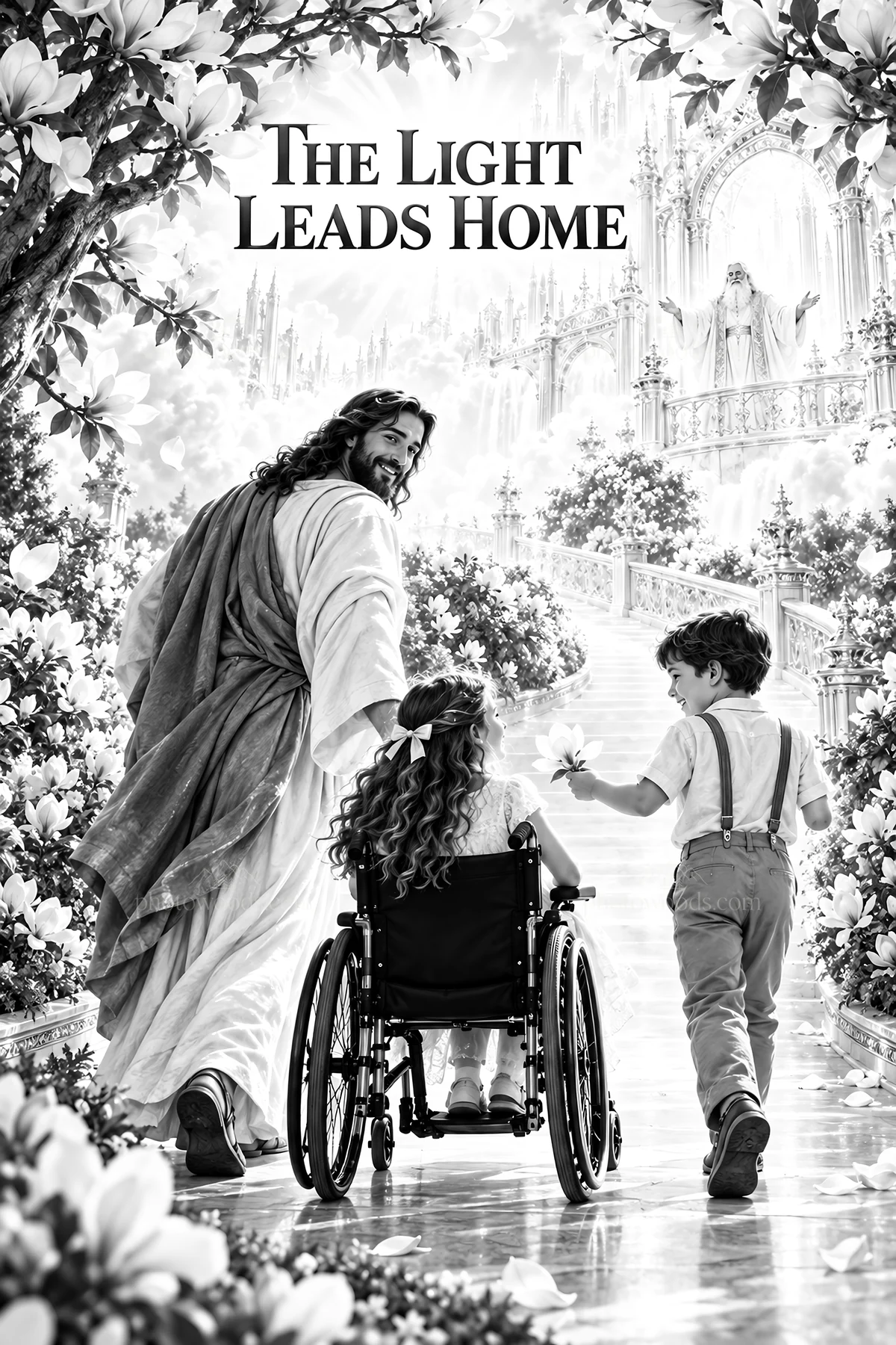 Jesus Christ guiding children on a path of flowers - AI-generated stock image