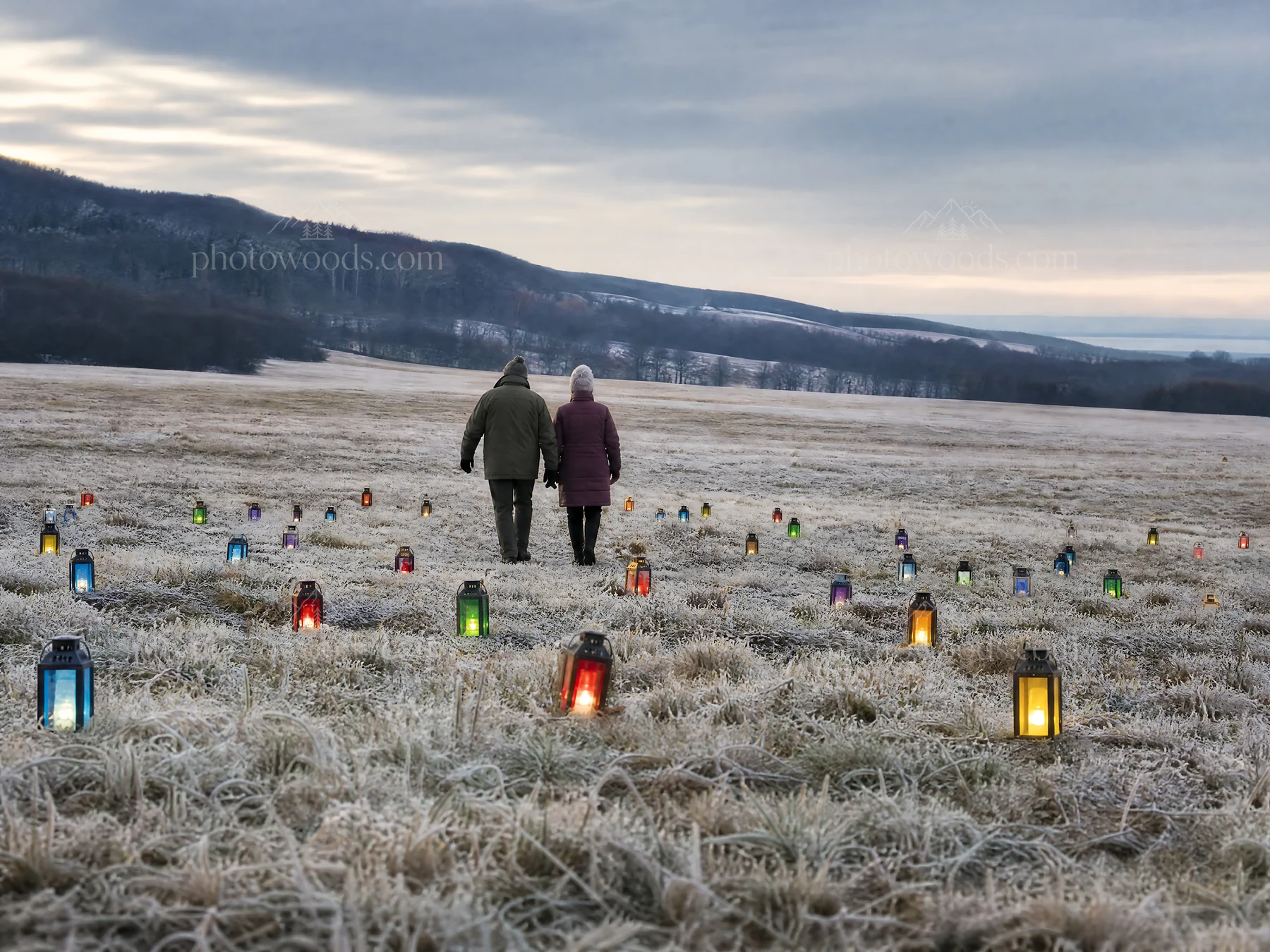 Colorful Christmas lanterns across a meadow at dusk - AI-generated stock image
