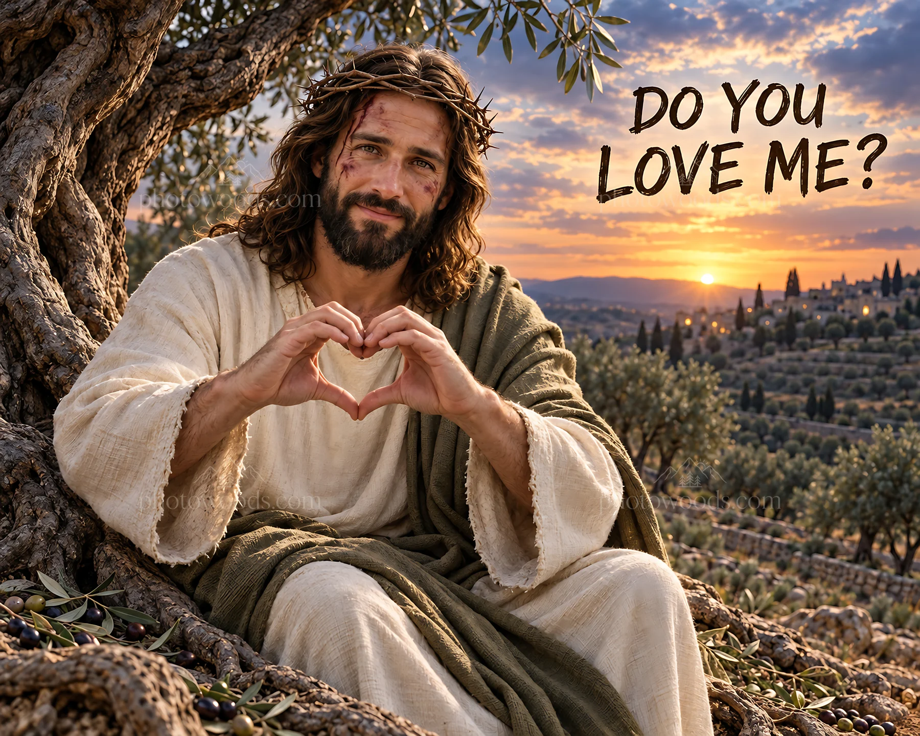Jesus Christ asking, Do you love me? in a sunset scene - AI-generated stock image