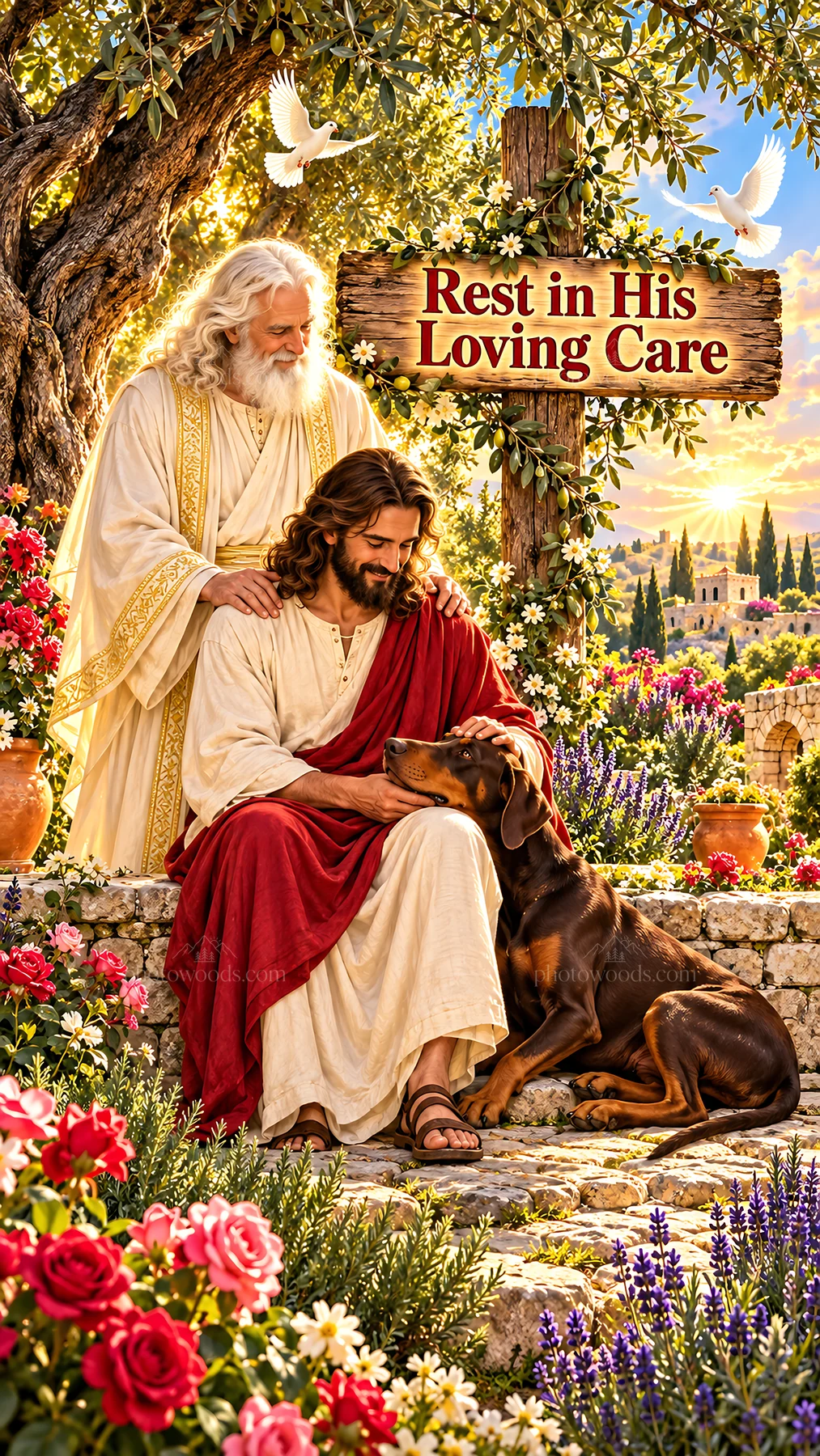 Jesus Christ comforting a man and a dog in a garden - AI-generated stock image
