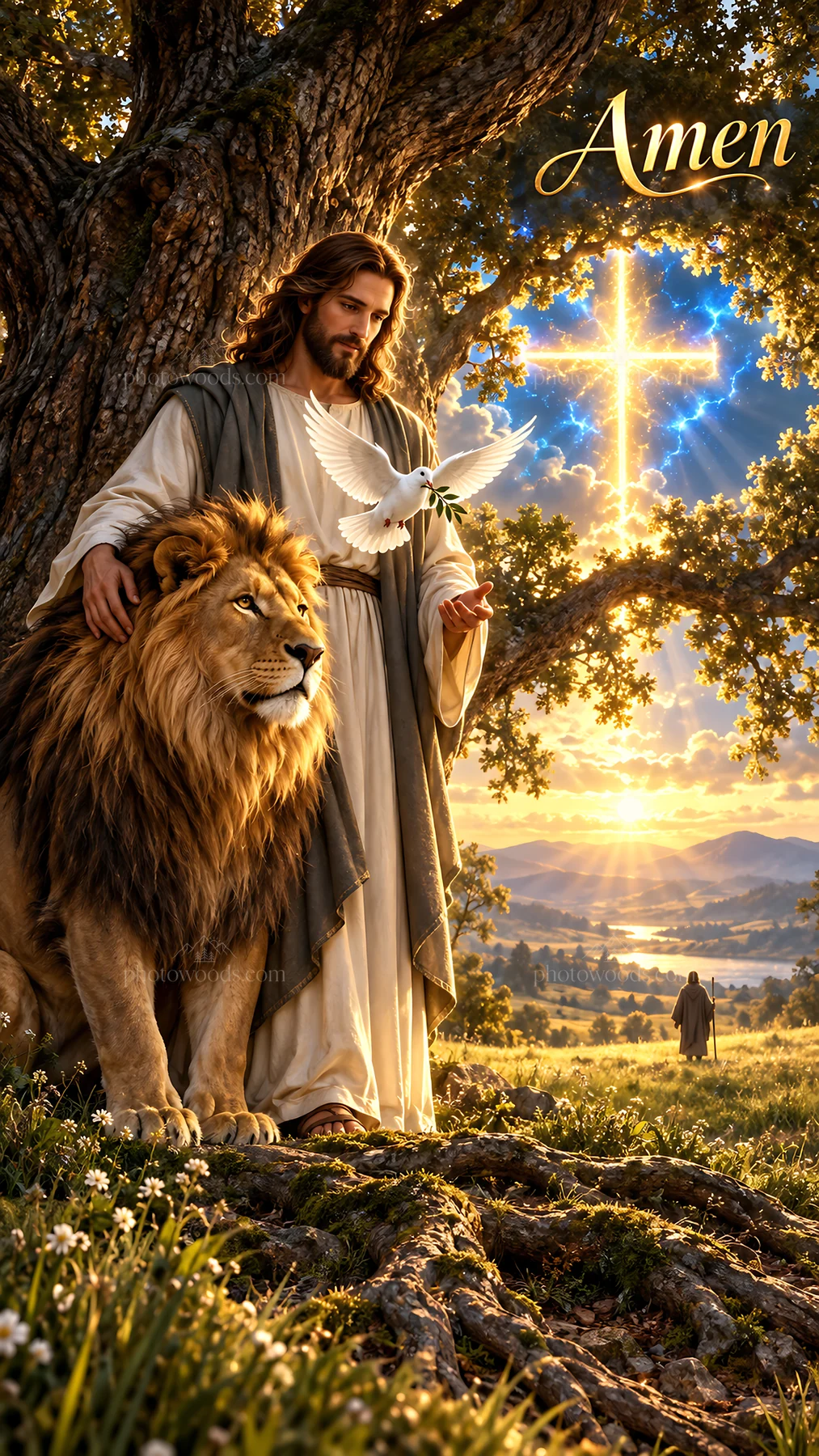 Jesus Christ with a lion and dove in a tranquil setting - AI-generated stock image