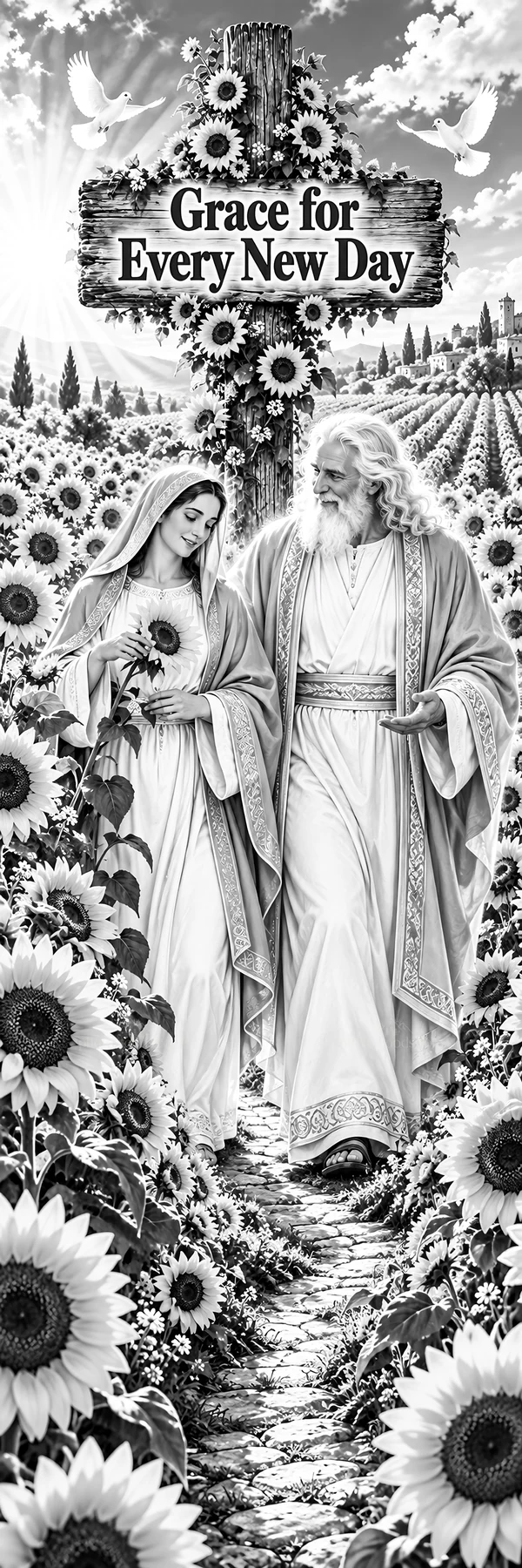 Jesus Christ walking with a figure among sunflowers - AI-generated stock image