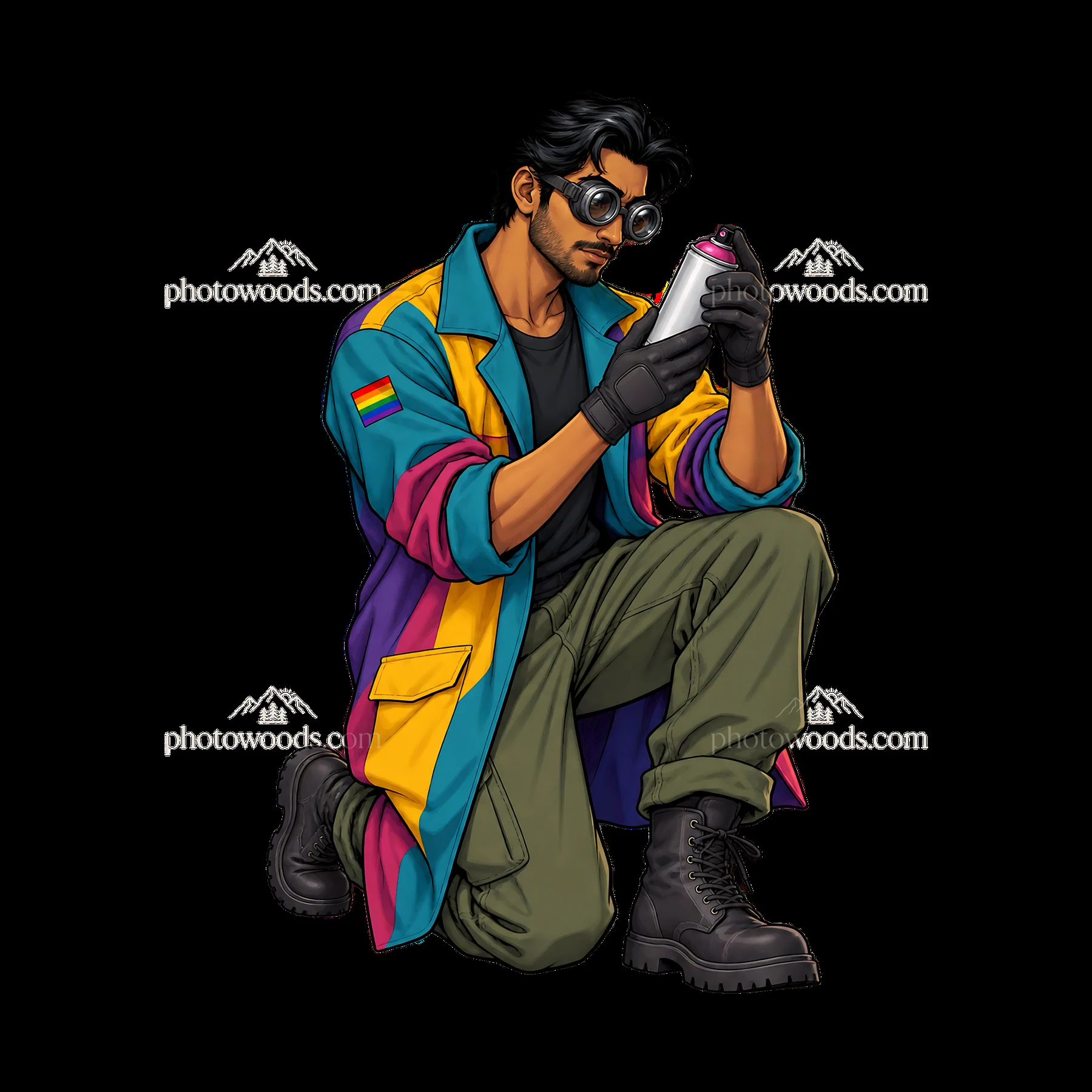 Gay graffiti artist in a colorful jacket with a spray can - AI-generated stock image
