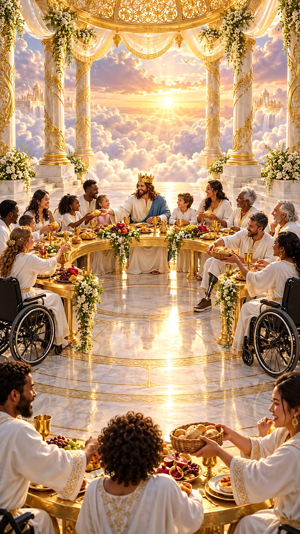 Jesus Christ shares a meal with people in a heavenly setting - AI-generated stock image