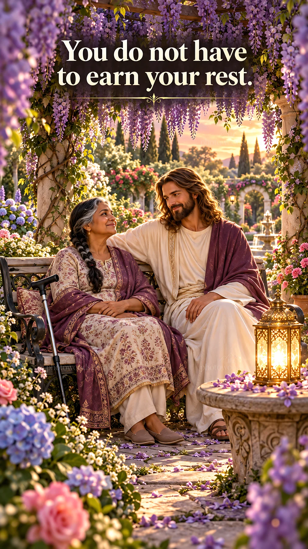 Jesus Christ comforting a woman in a garden setting - AI-generated stock image