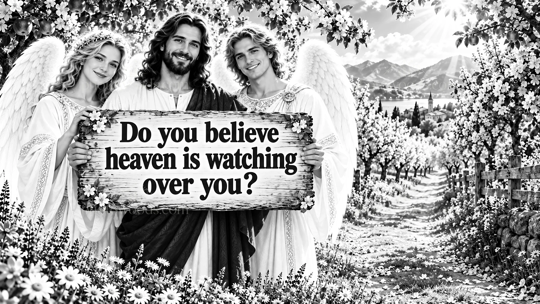 Jesus Christ with angels holding a sign about heaven's watch - AI-generated stock image