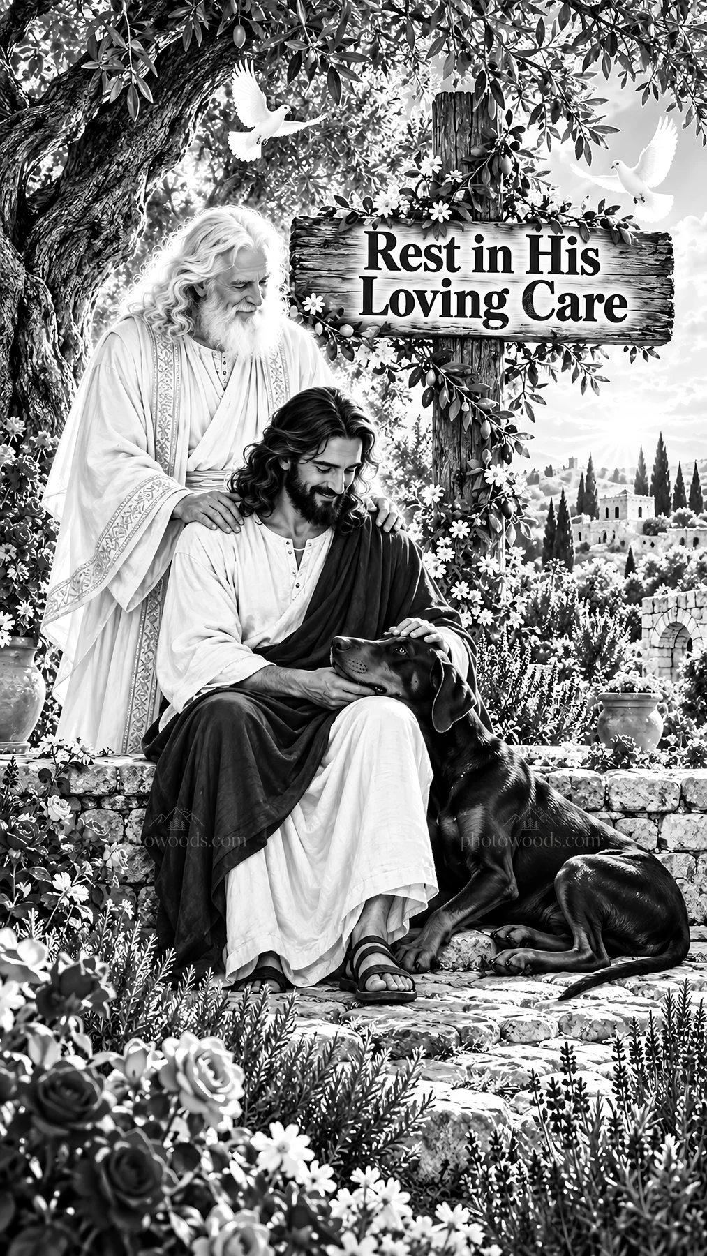 Jesus Christ comforting a person with a dog - AI-generated stock image