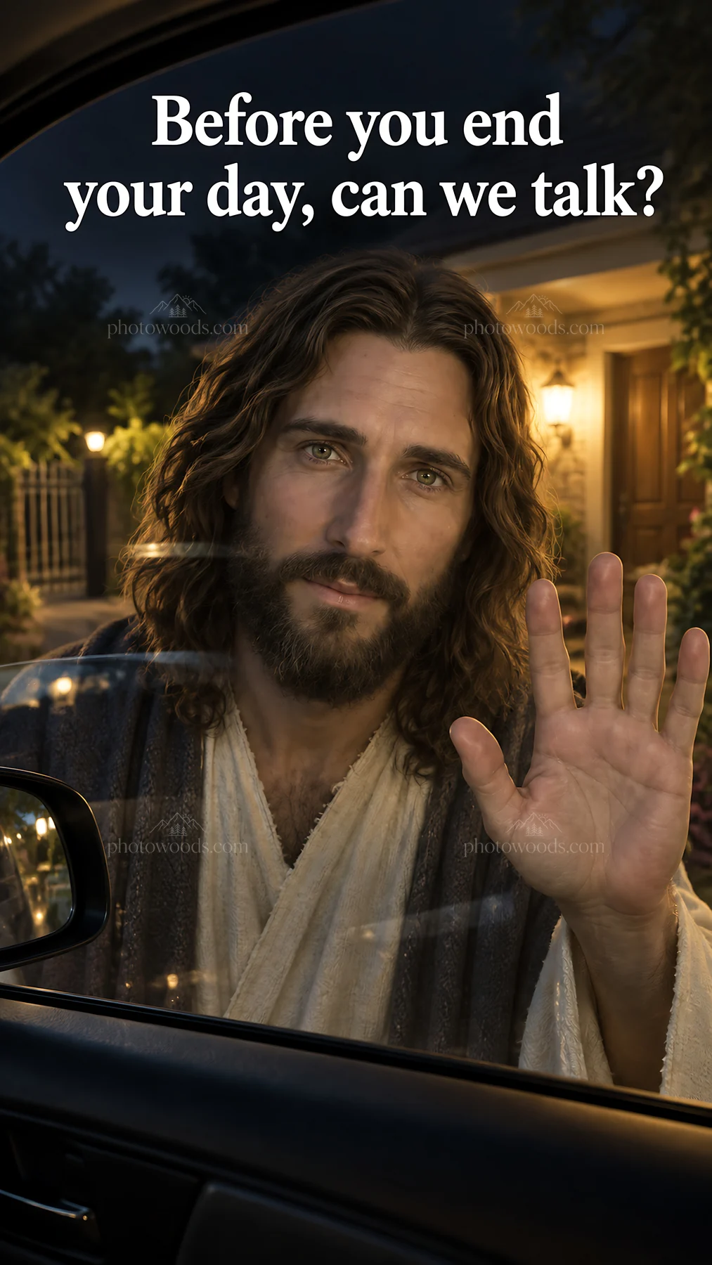 Jesus Christ reaching out to speak with viewers - AI-generated stock image