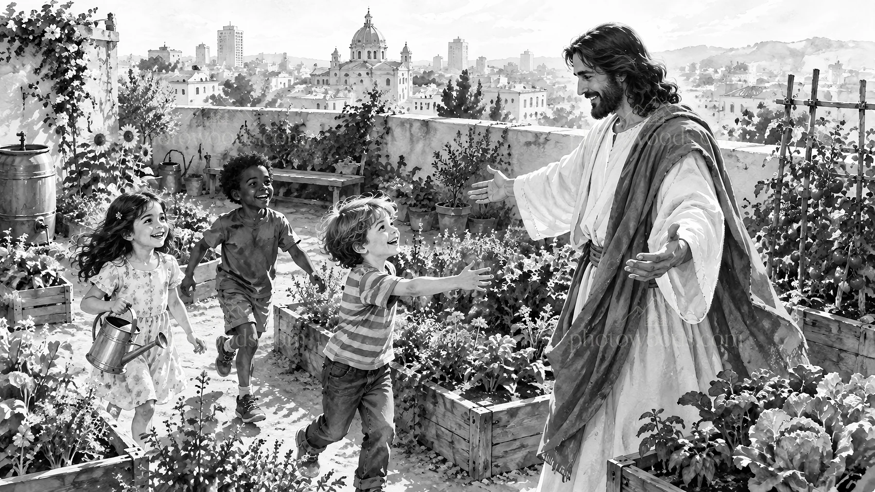 Jesus Christ welcomes children in a garden - AI-generated stock image