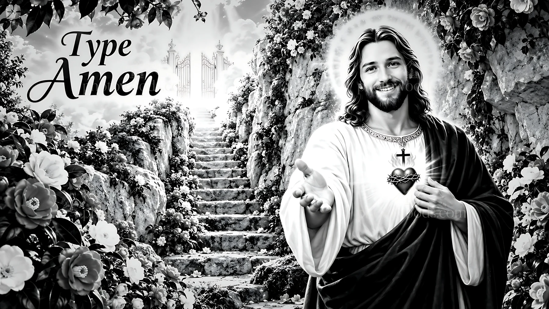 Man with open hand and heart in front of stairway and flowers - AI-generated stock image