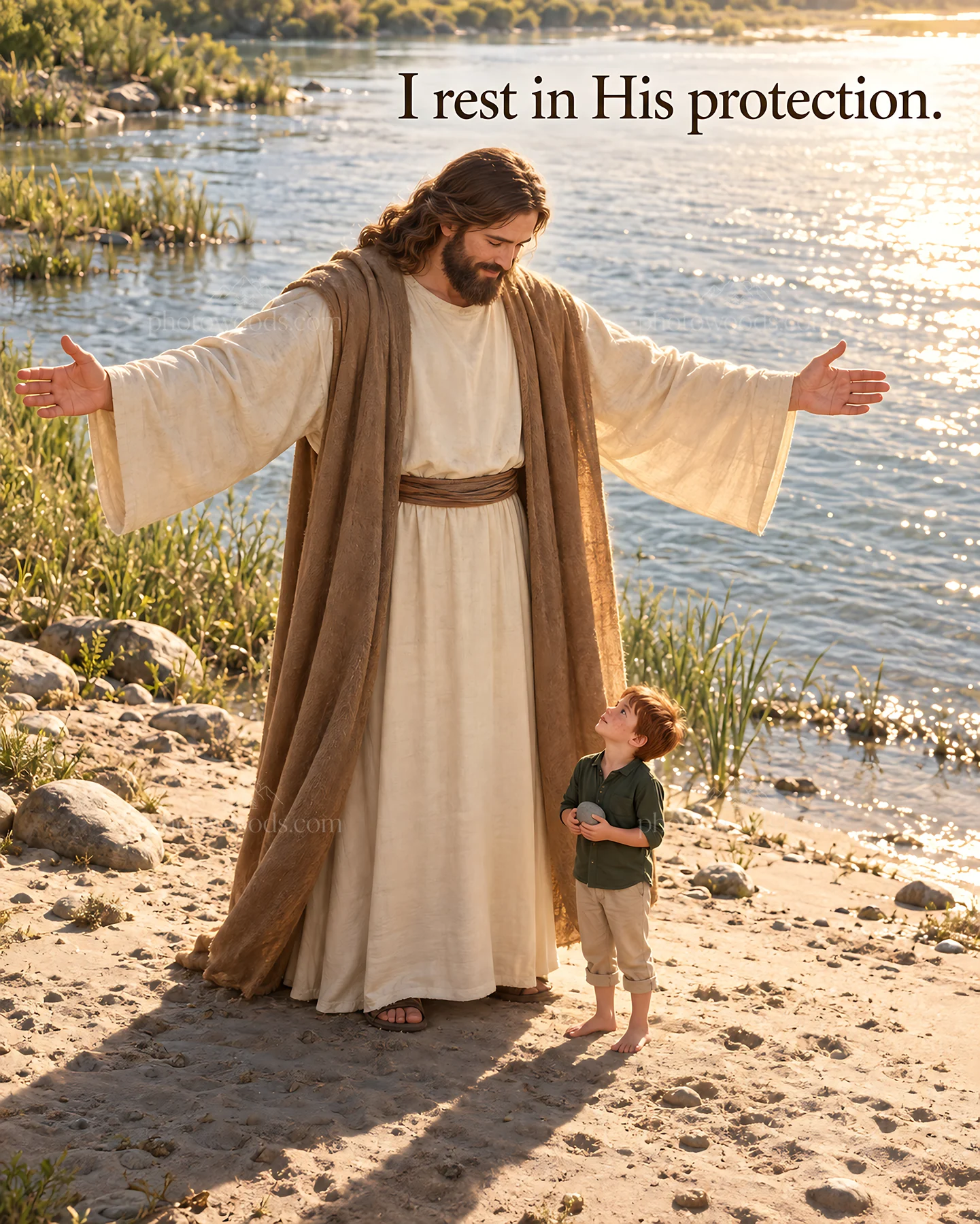Jesus Christ welcomes a child by the riverside - AI-generated stock image