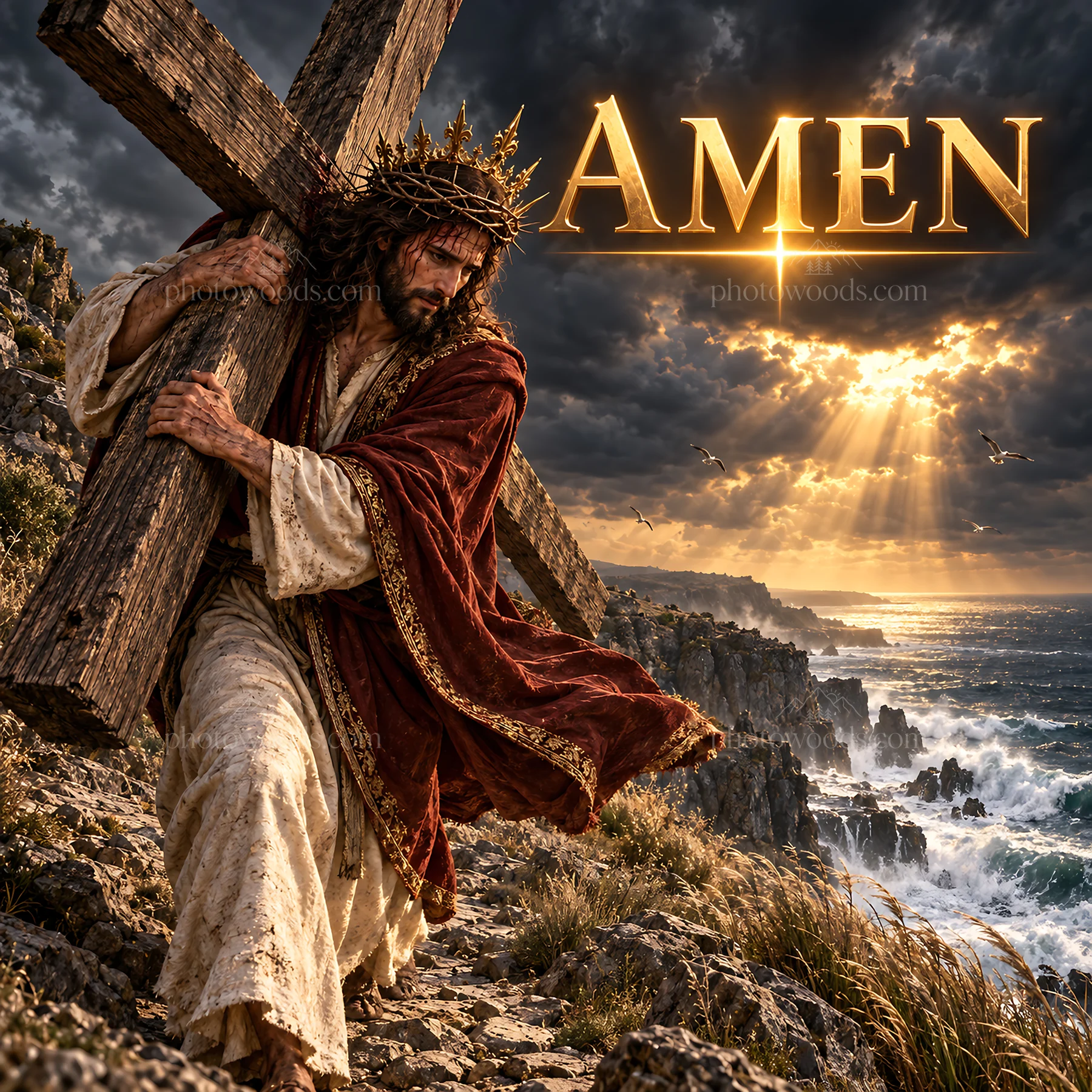 Jesus Christ carrying the cross along the rocky shoreline - AI-generated stock image