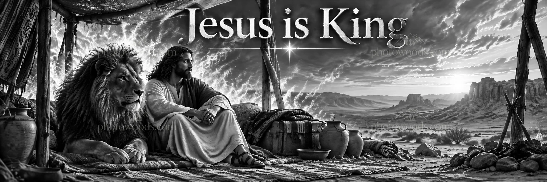 Jesus Christ sitting beside a lion in a desert landscape - AI-generated stock image