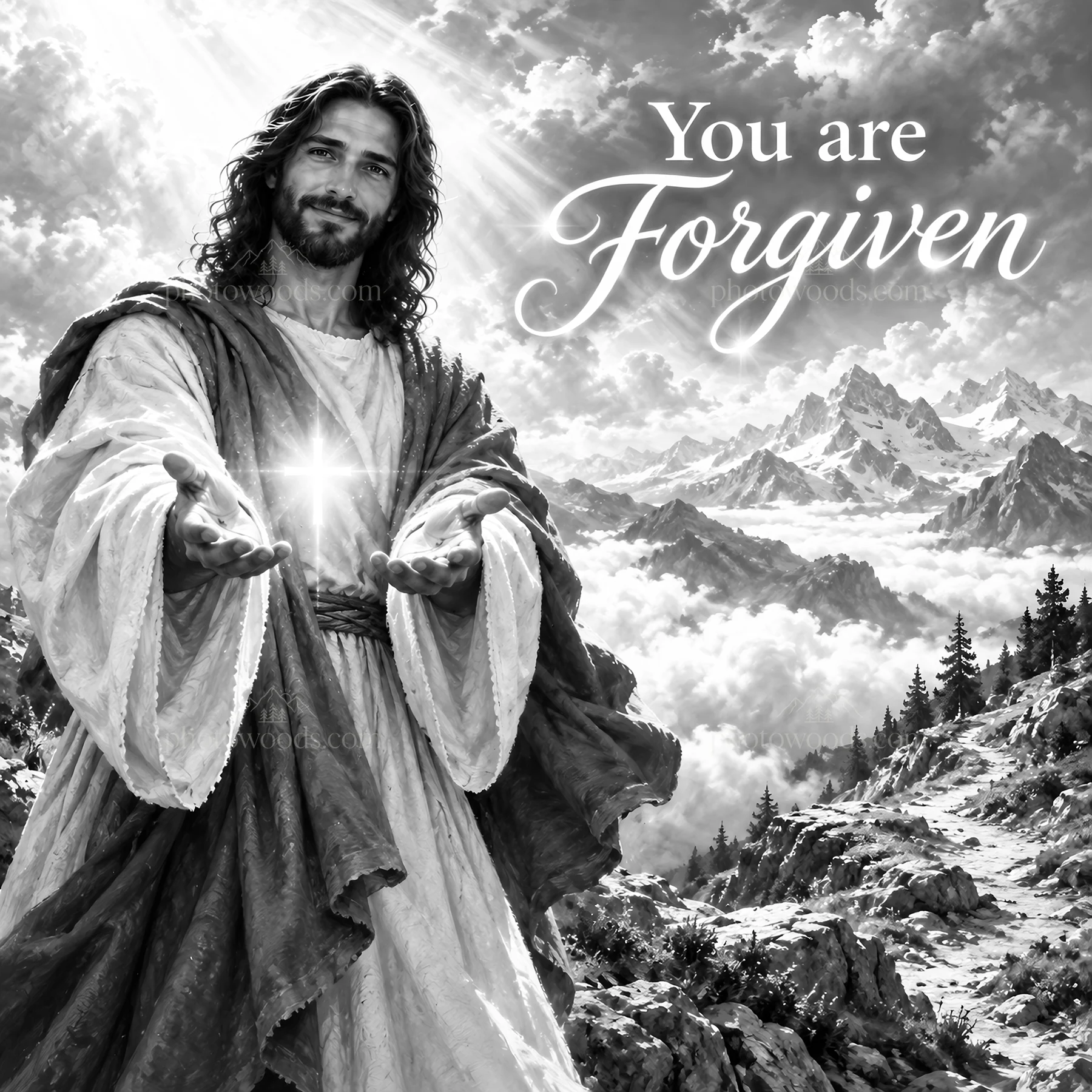 Jesus Christ welcoming viewers with open hands in nature - AI-generated stock image