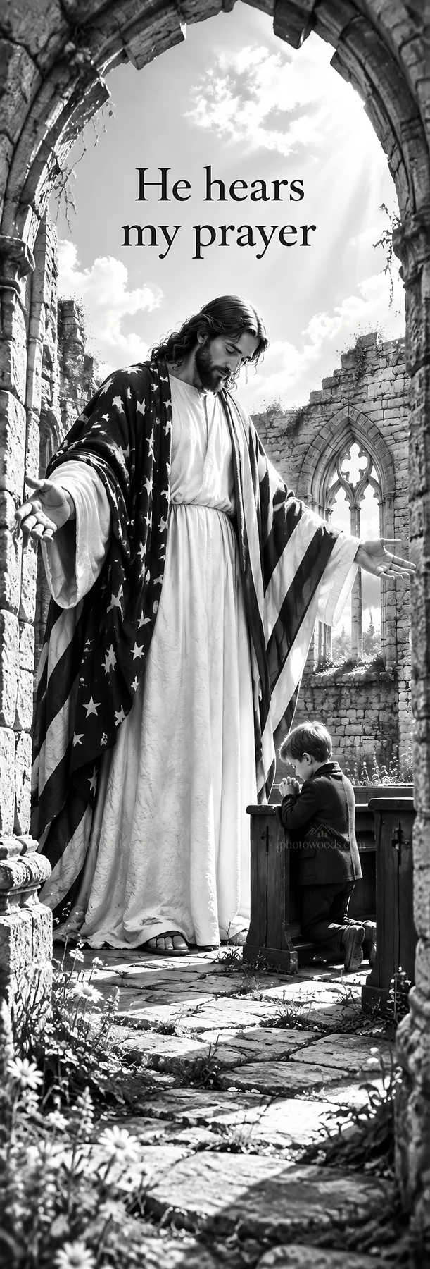 Jesus Christ comforts a child in a ruined setting - AI-generated stock image