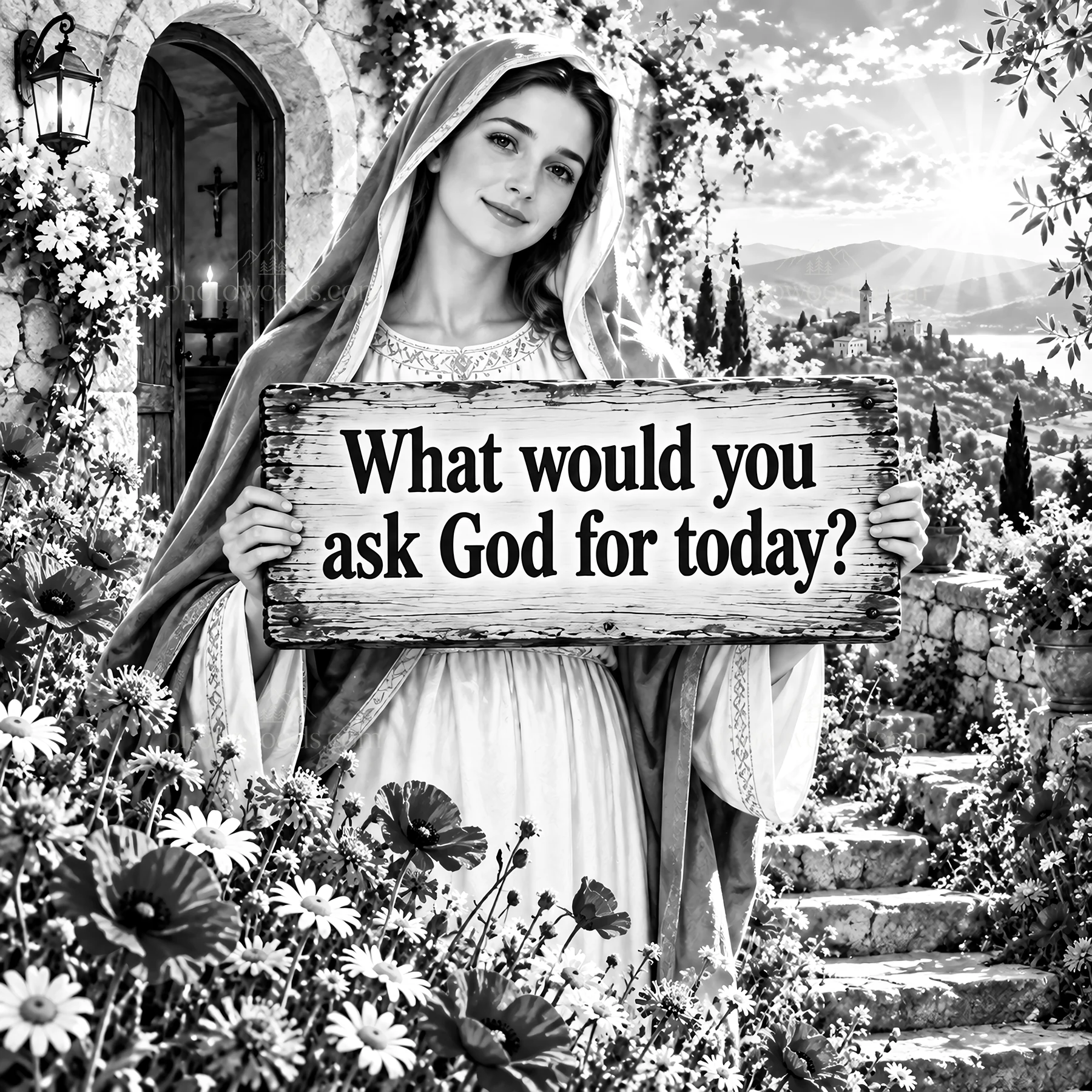 Jesus Christ with a sign asking what we would ask God for today - AI-generated stock image