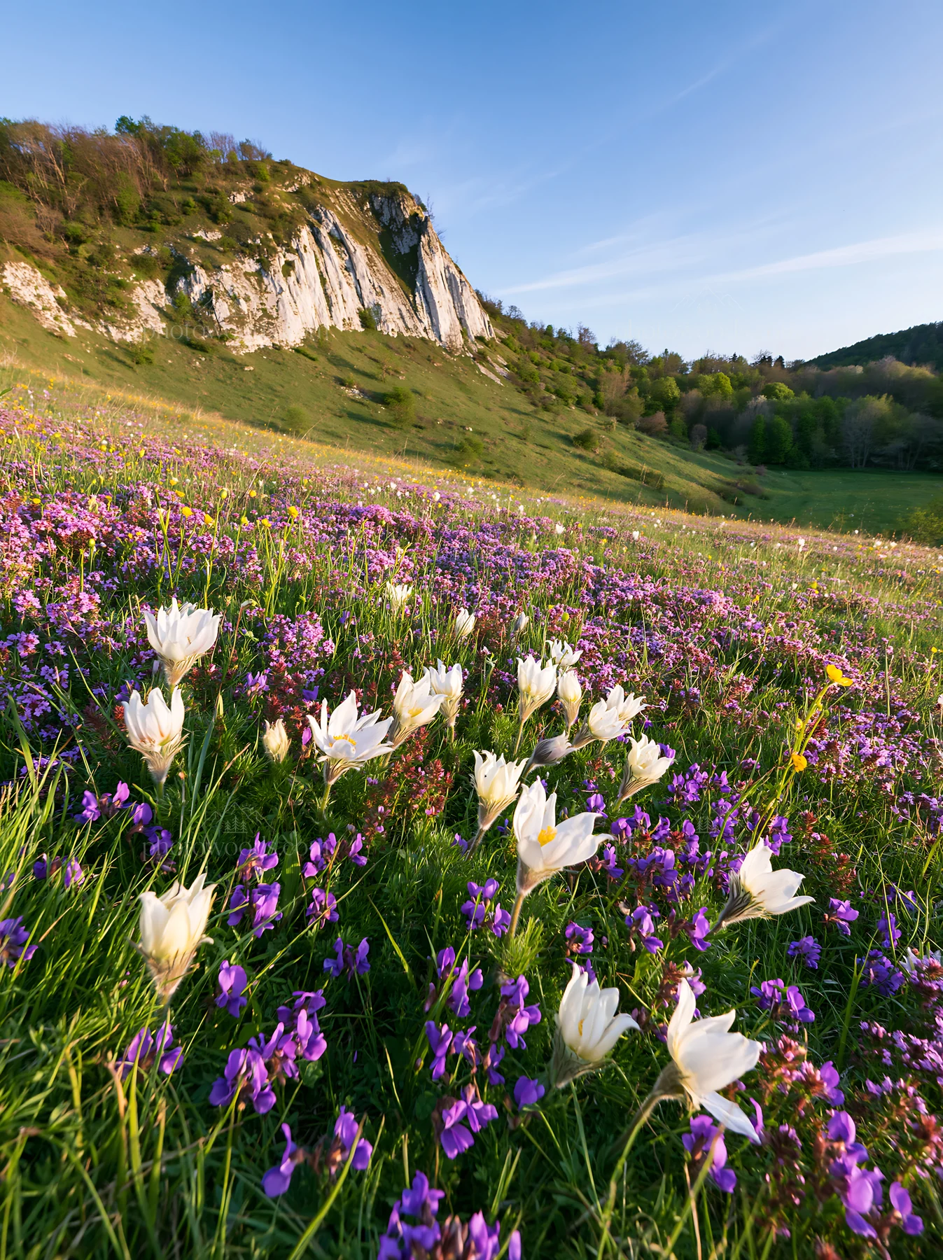 Sunny pasqueflower meadow with chalk hill and wildflowers - AI-generated stock image