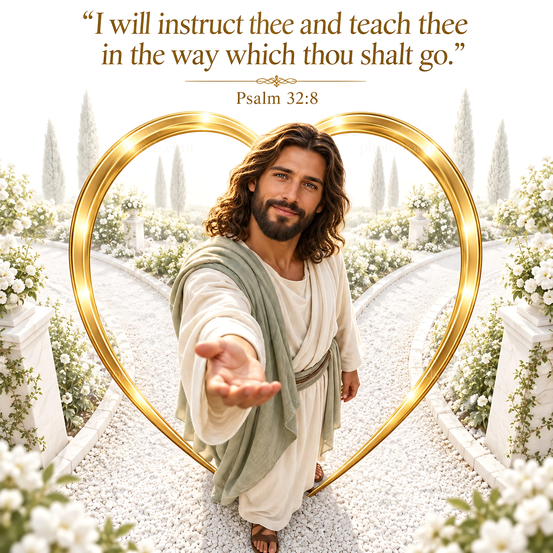 Jesus Christ inviting with an outstretched hand in a garden scene - AI-generated stock image