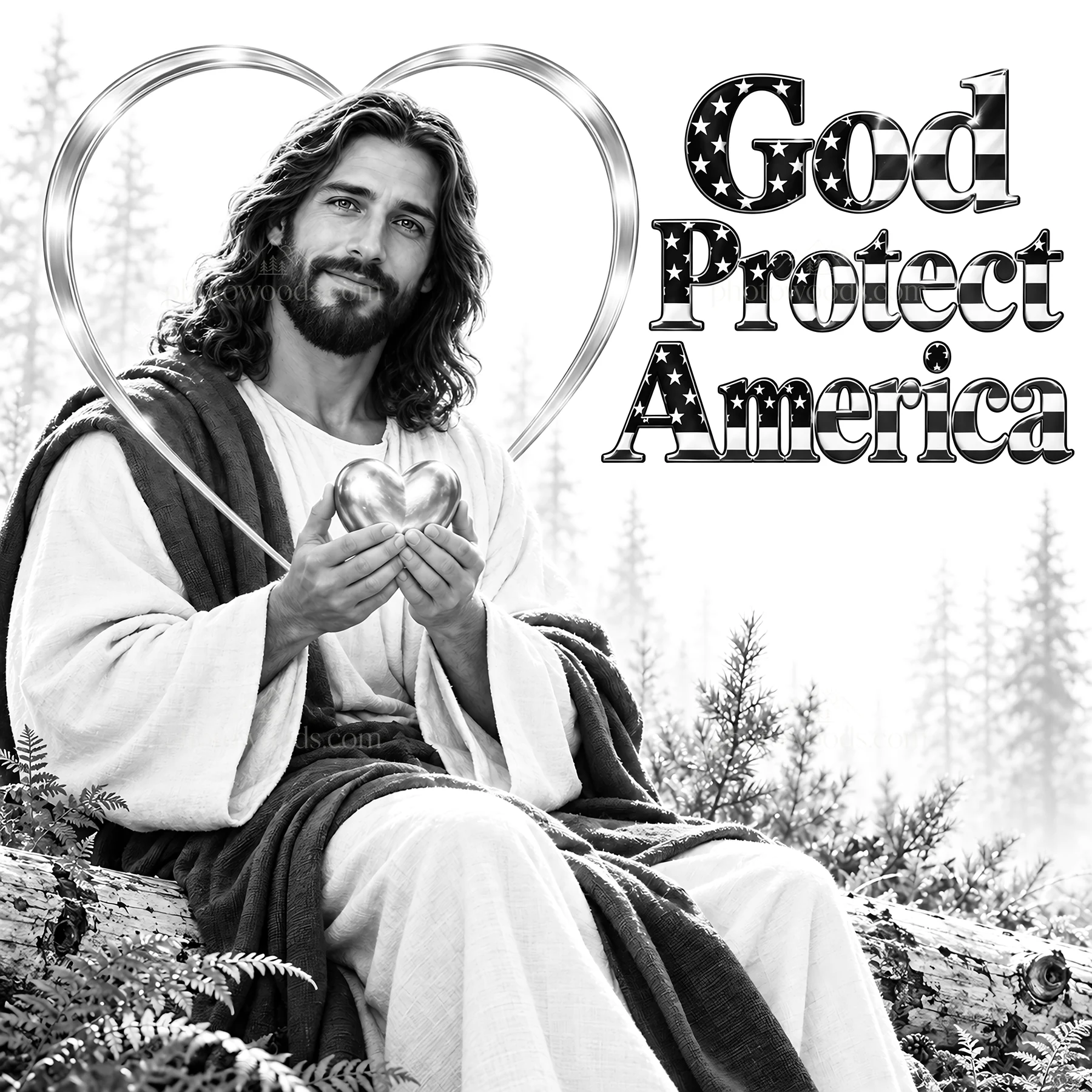 Jesus Christ holding a heart in a nature setting - AI-generated stock image