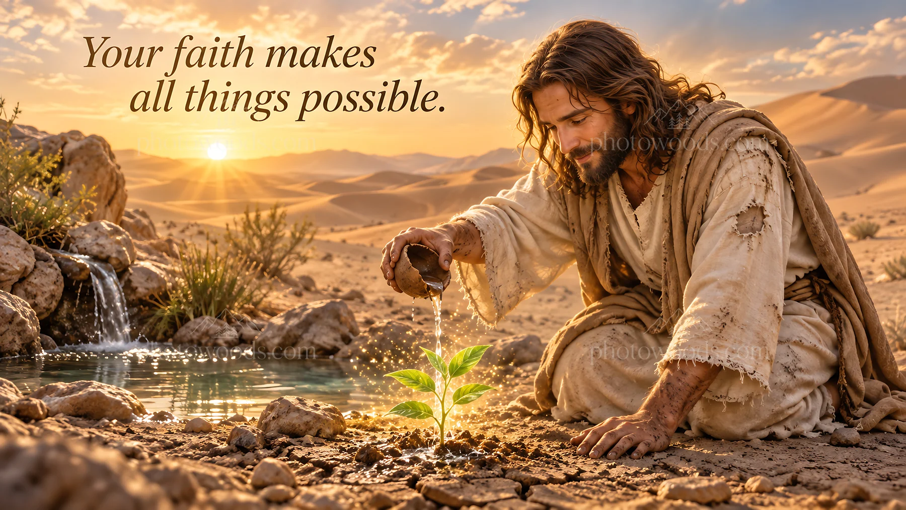 Jesus Christ planting a seed in the desert at sunset - AI-generated stock image
