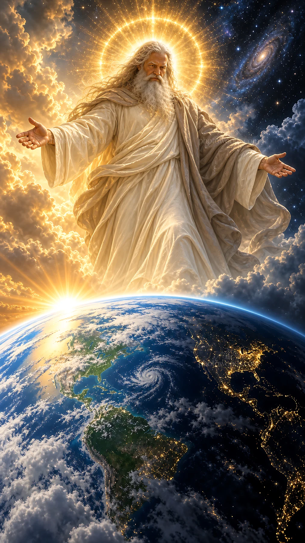 Jesus Christ welcoming humanity from the heavens - AI-generated stock image