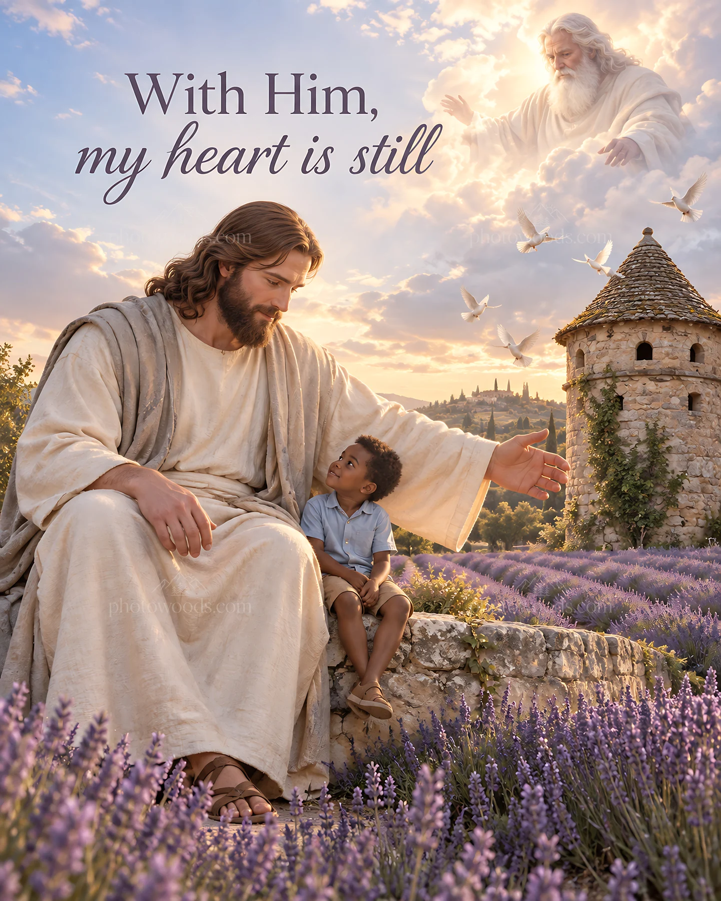 Jesus Christ comforting a young boy in a lavender field - AI-generated stock image