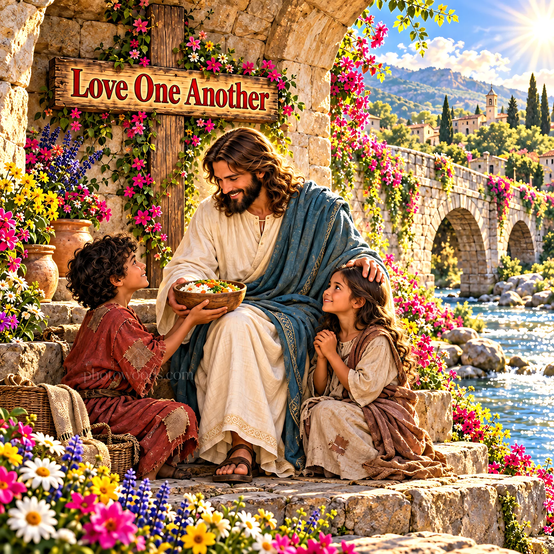 Jesus Christ shares a meal with children by a riverside - AI-generated stock image