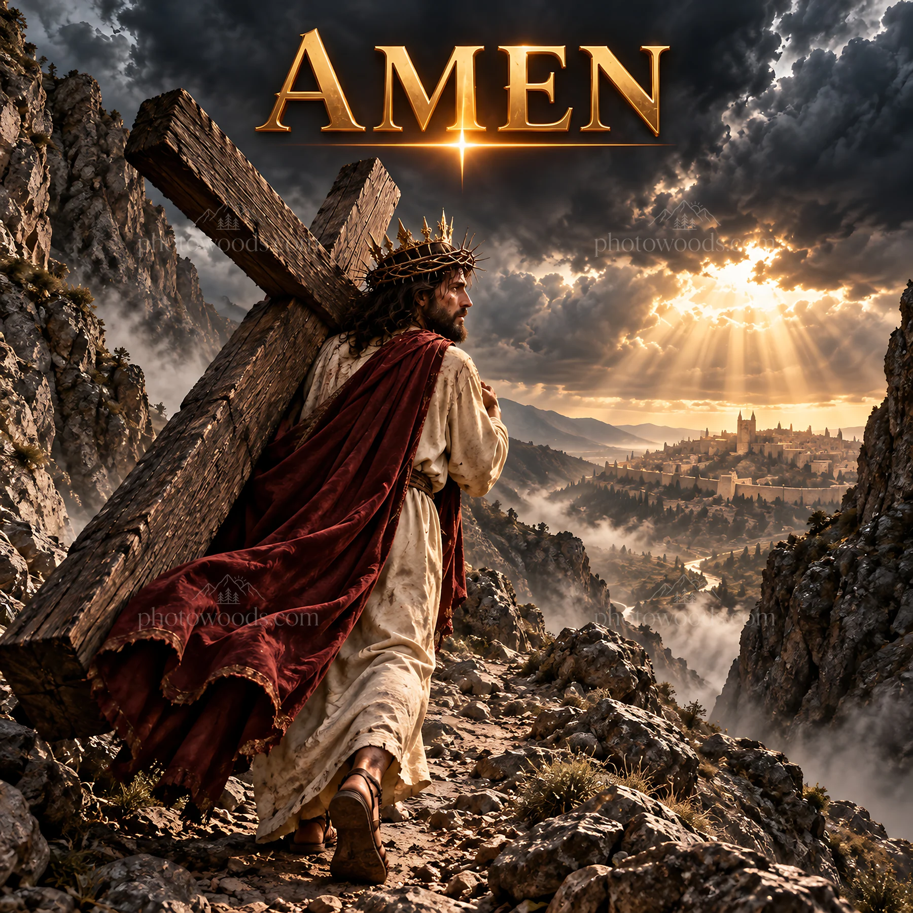 Jesus Christ carrying the cross through rocky terrain - AI-generated stock image