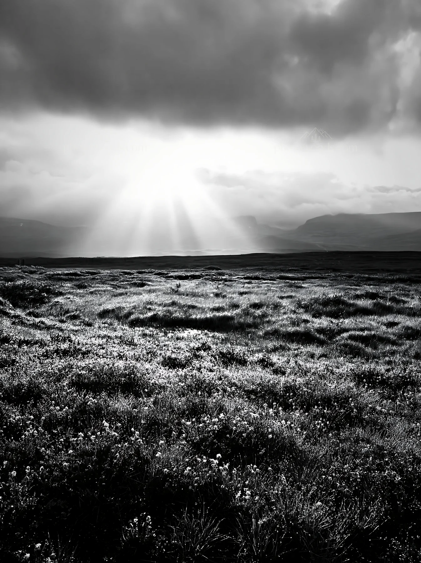 Sunbeams over Jotunheimen valley meadow in black and white - AI-generated stock image