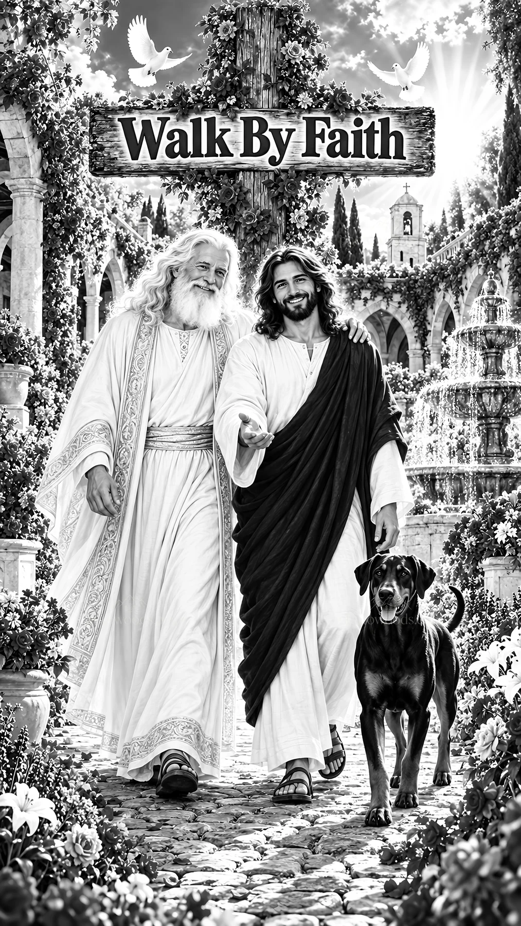 Jesus Christ walking with a figure and a dog in a garden - AI-generated stock image