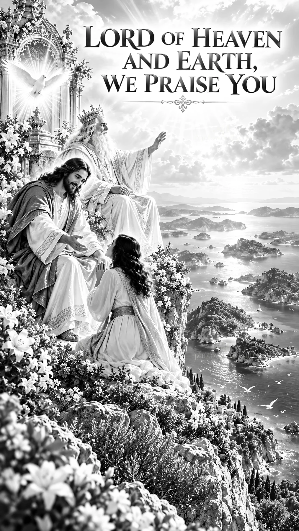 Jesus Christ comforting a woman in a scenic landscape - AI-generated stock image