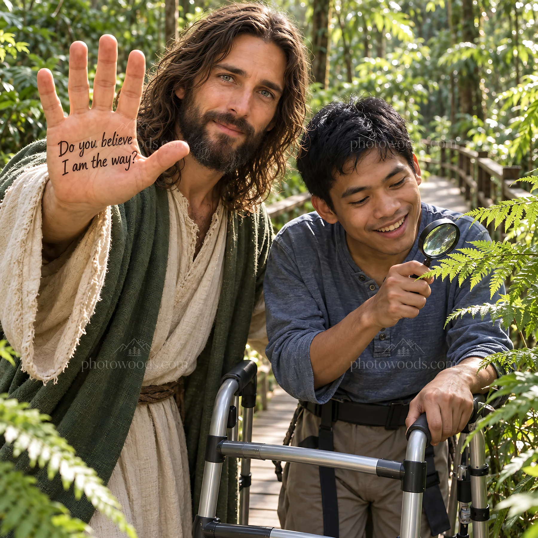 Jesus Christ welcoming a young man in a lush garden - AI-generated stock image