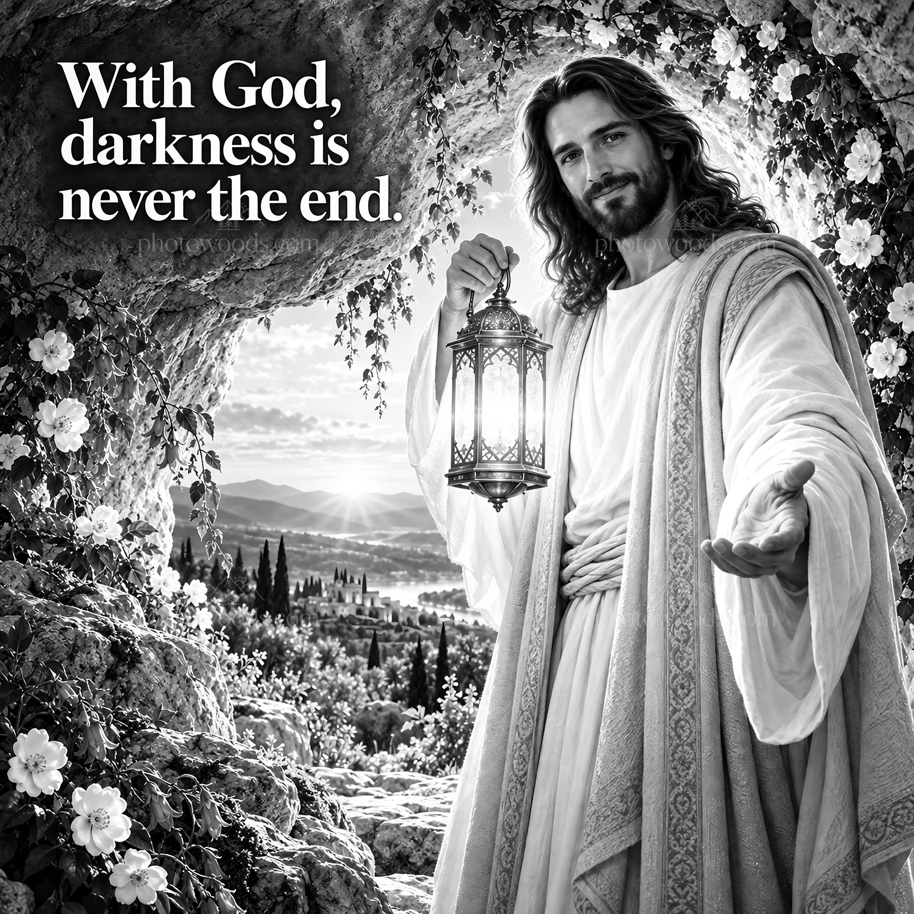 Jesus Christ offering light in a dark moment - AI-generated stock image