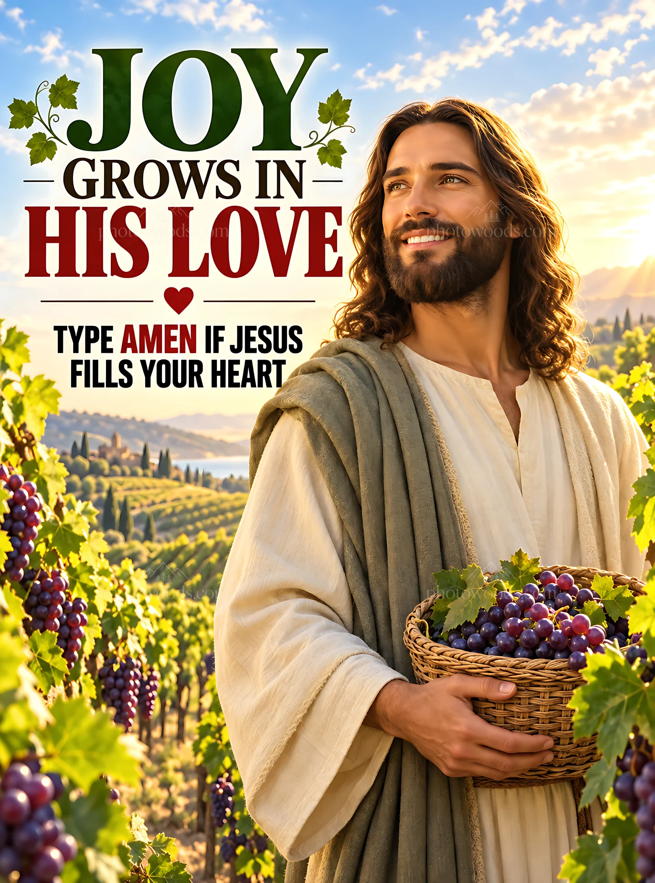 Joy in the vineyard with grape harvest and a smiling figure - AI-generated stock image