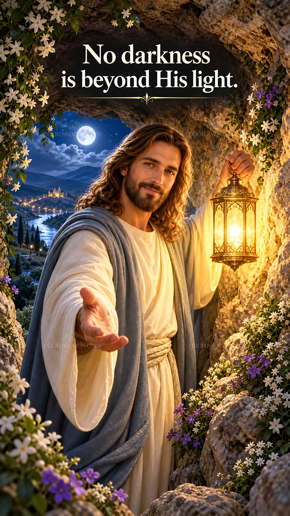Jesus Christ welcoming with a lantern in a serene garden scene - AI-generated stock image