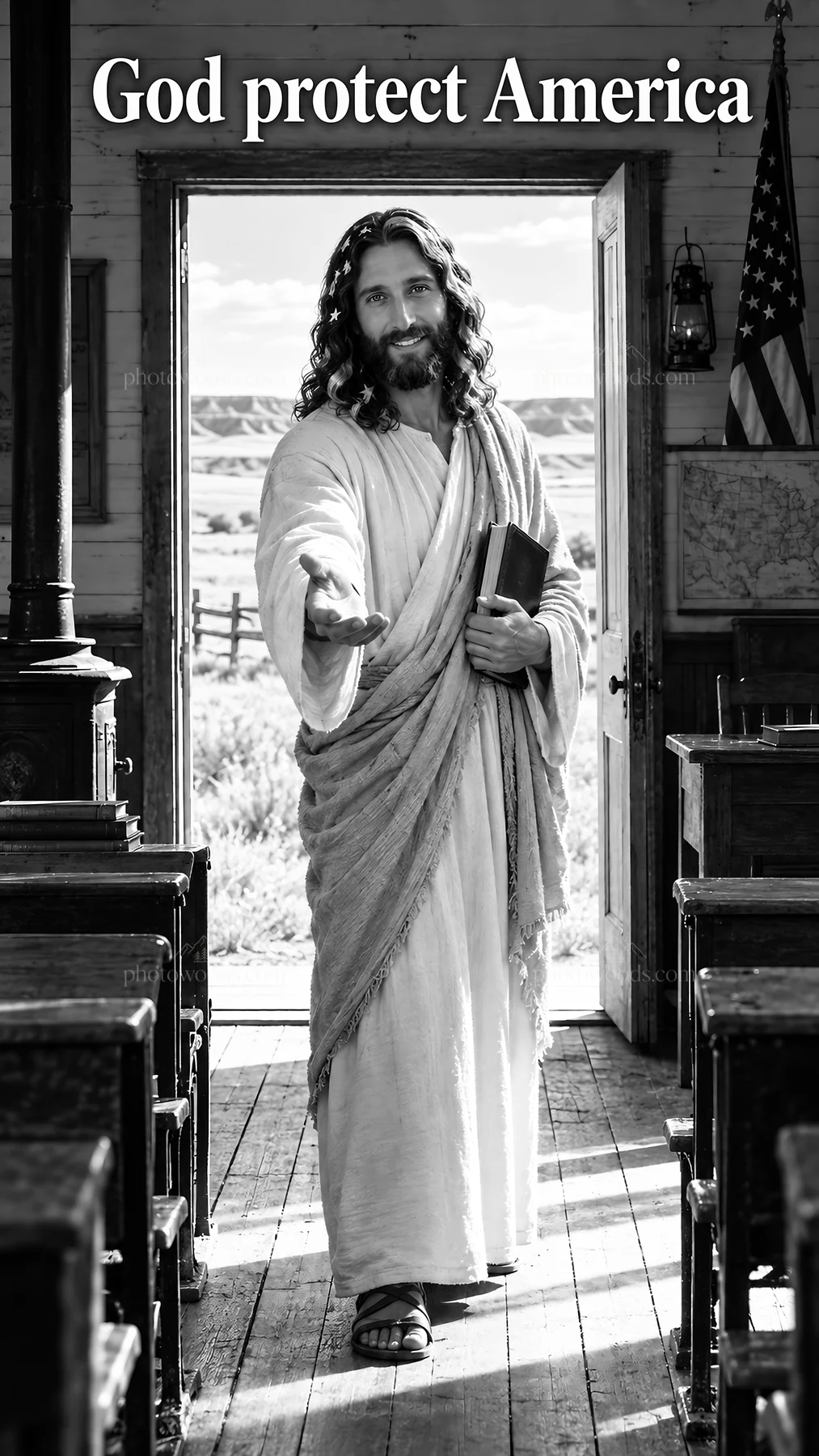Jesus Christ welcoming people in a church setting - AI-generated stock image