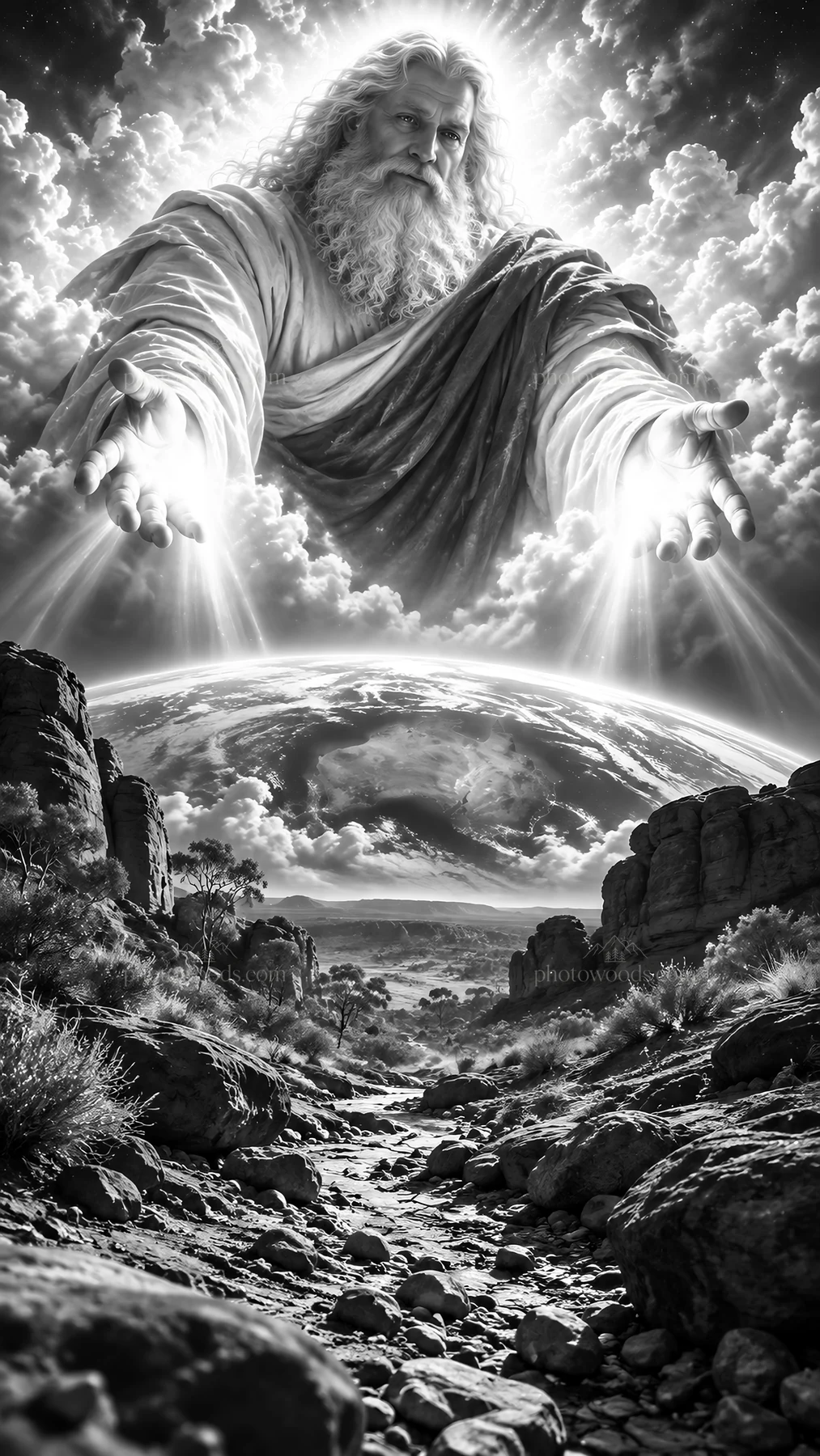 Jesus Christ embracing creation with open arms - AI-generated stock image