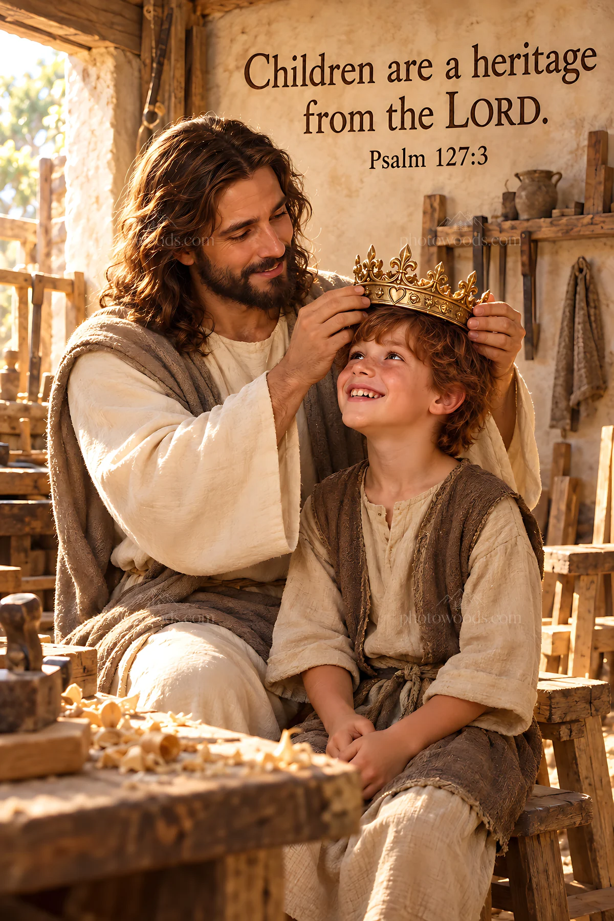 Carpenter and child sharing a moment in the workshop - AI-generated stock image