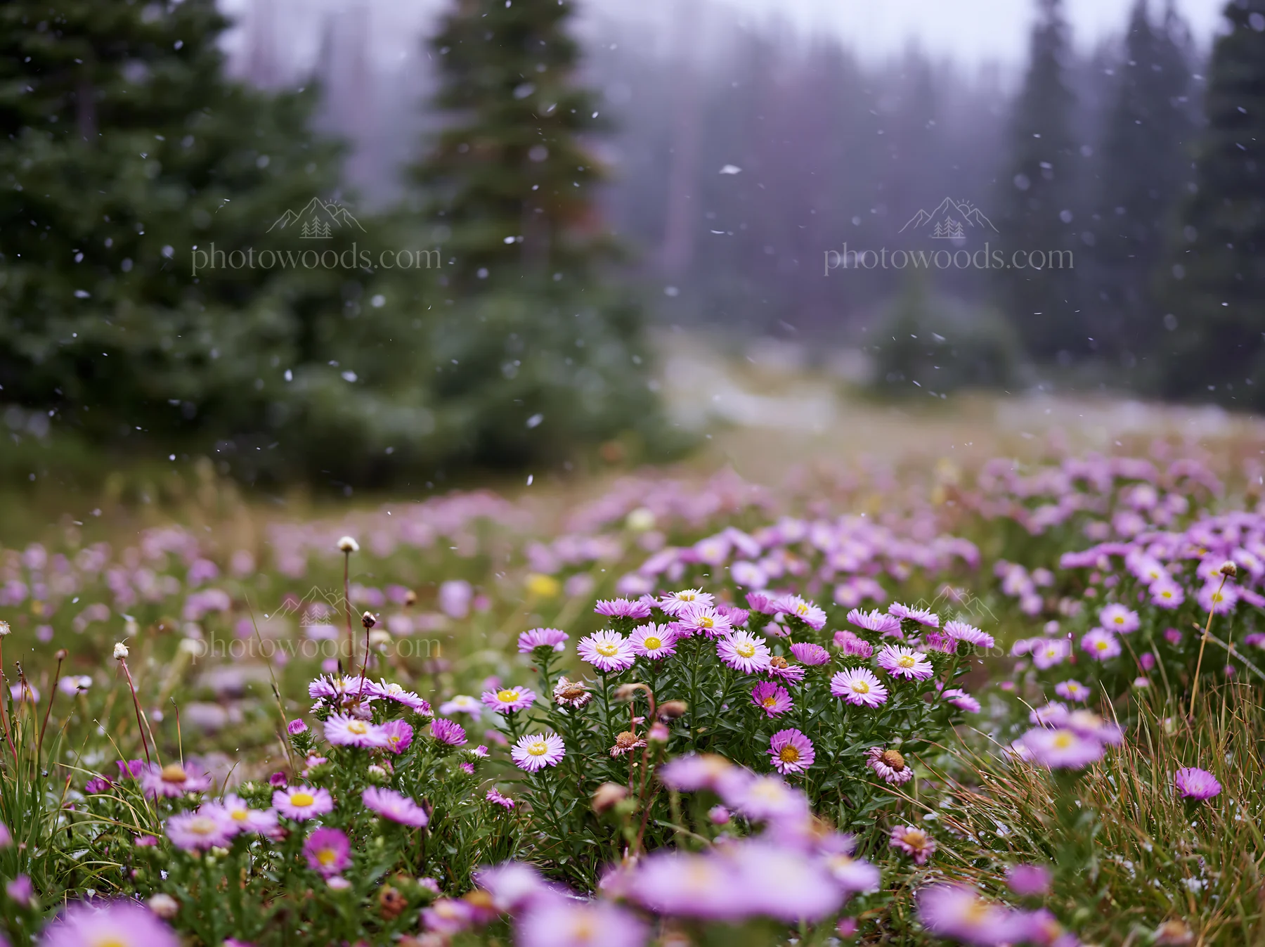 Snowy Rocky Mountain Park meadow with blooming wildflowers - AI-generated stock image